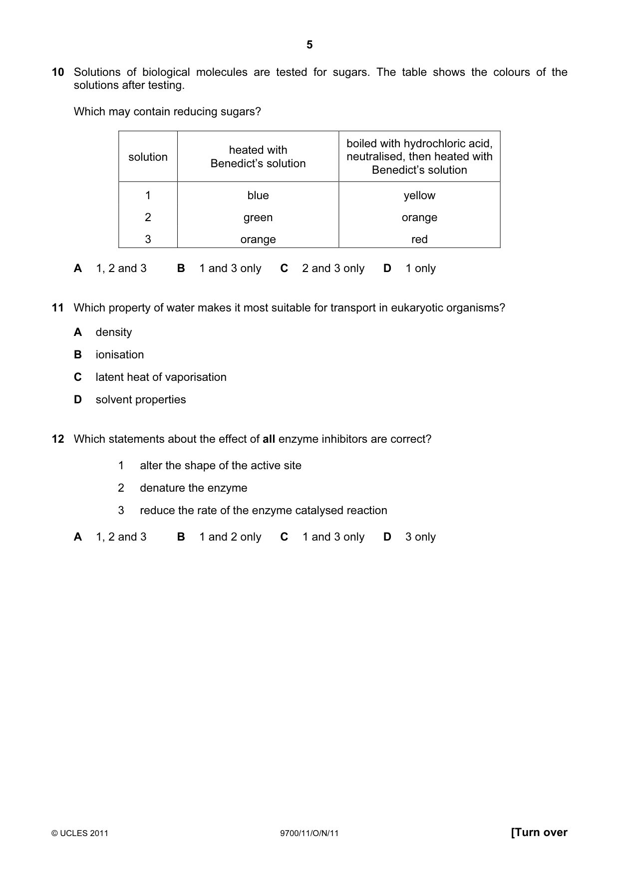 Cambridge A Level Biology 9700 2011 Oct/Nov Paper 1 · Variant 1 question paper, page 5 of 16