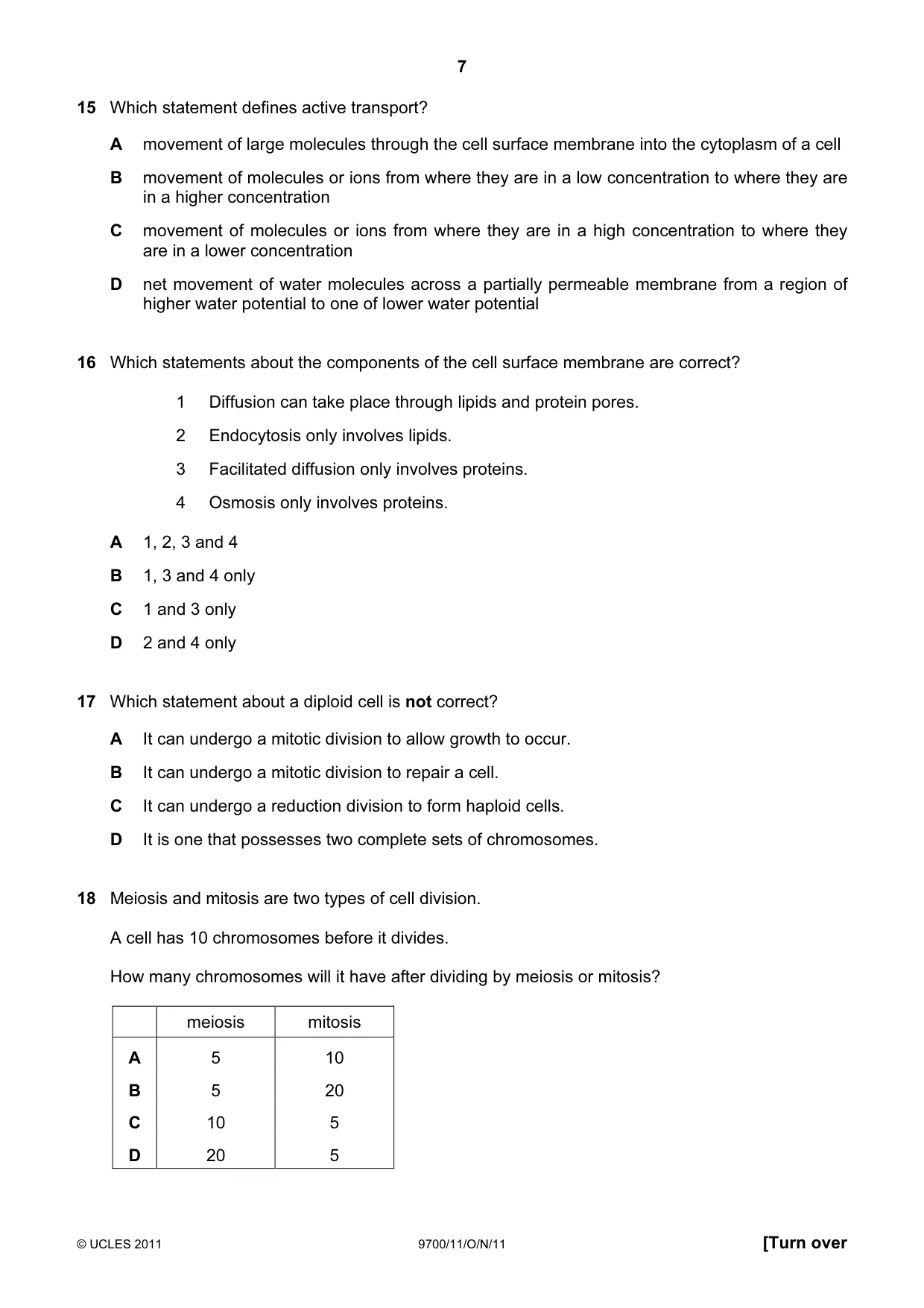 Cambridge A Level Biology 9700 2011 Oct/Nov Paper 1 · Variant 1 question paper, page 7 of 16
