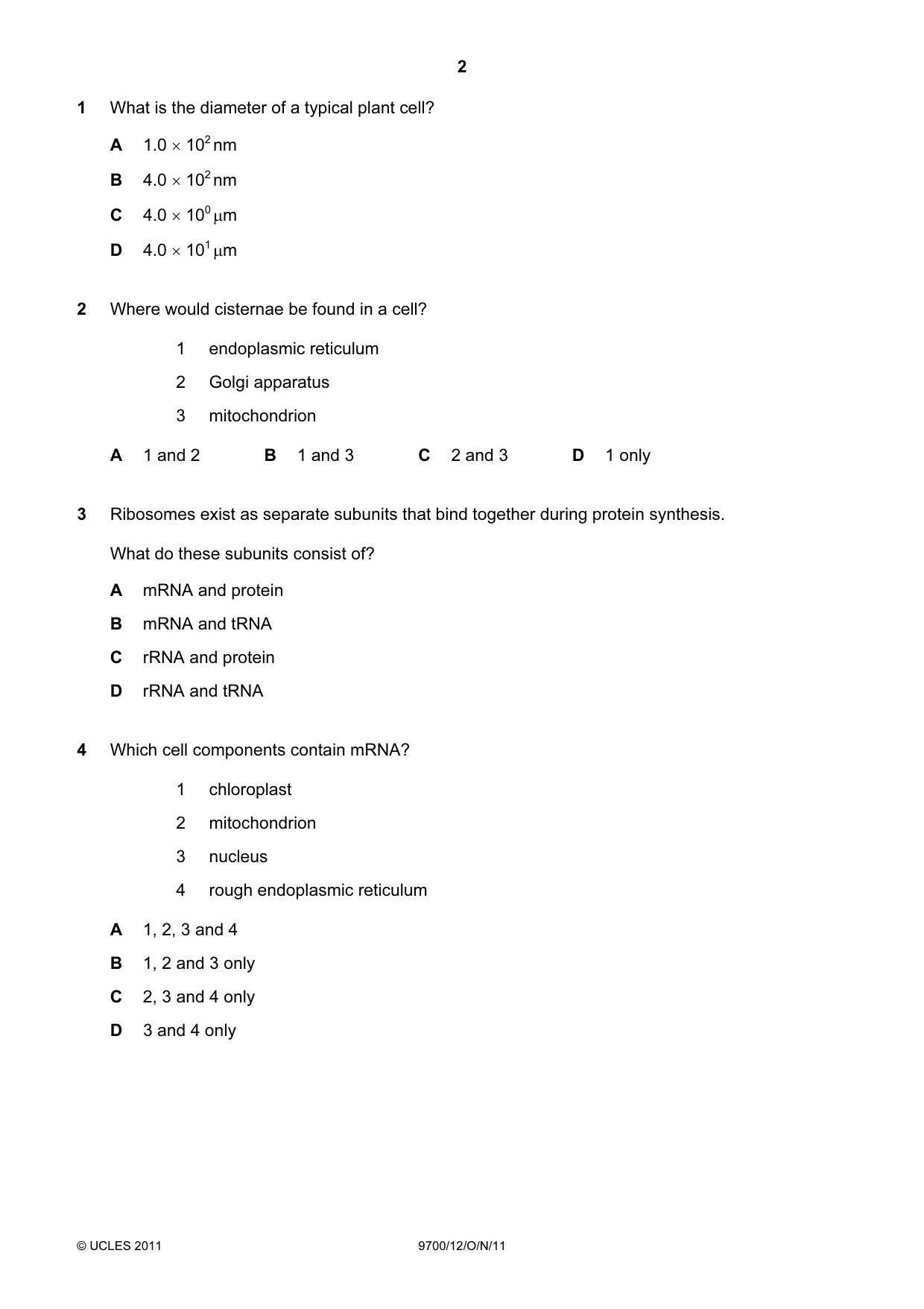 Cambridge A Level Biology 9700 2011 Oct/Nov Paper 1 · Variant 2 question paper, page 2 of 20