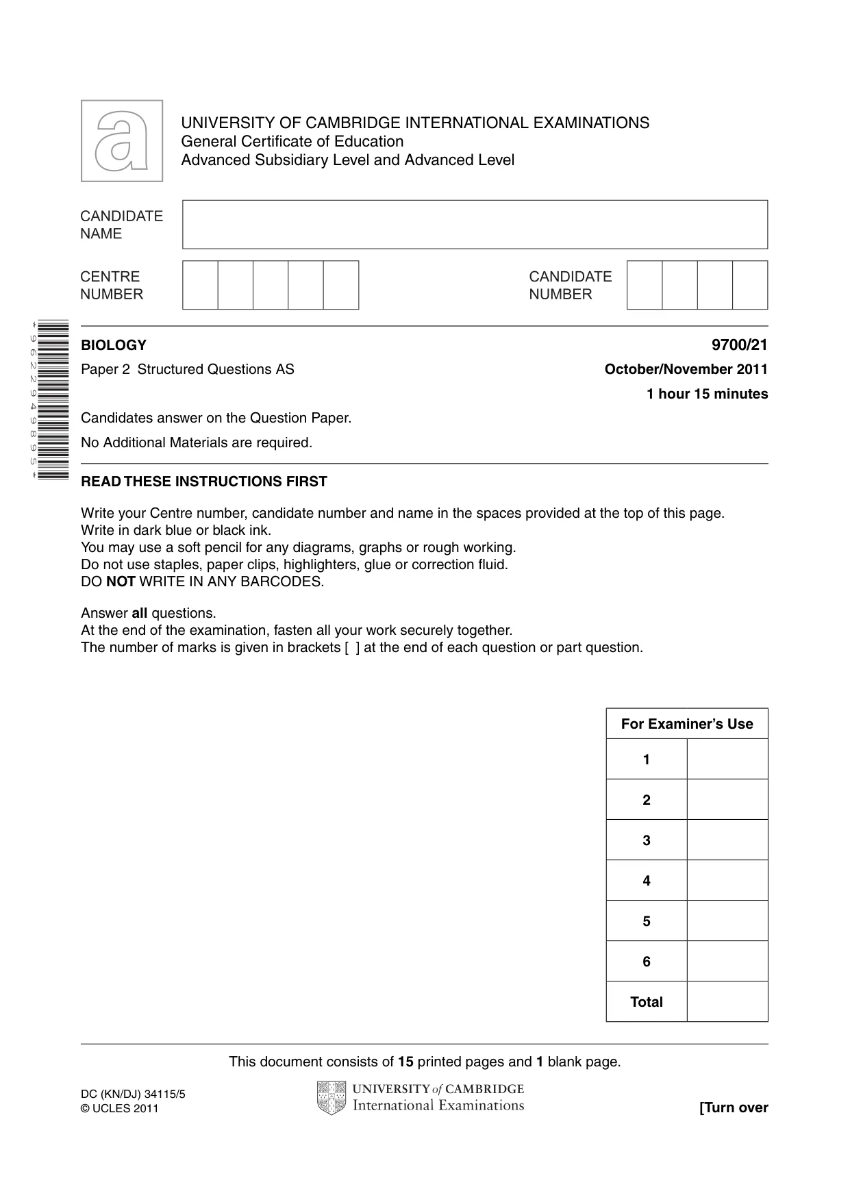 Cambridge A Level Biology 9700 2011 Oct/Nov Paper 2 · Variant 1 question paper, page 1 of 16