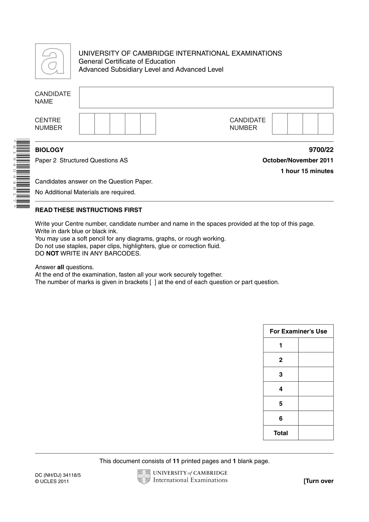 Cambridge A Level Biology 9700 2011 Oct/Nov Paper 2 · Variant 2 question paper, page 1 of 12