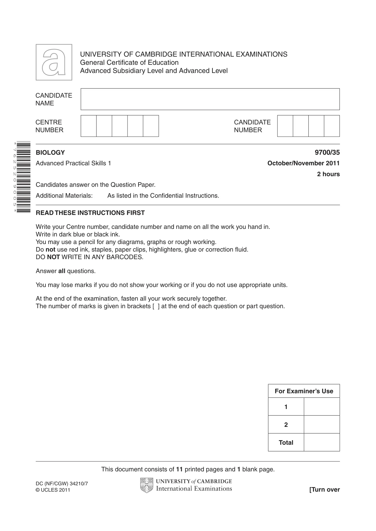 Cambridge A Level Biology 9700 2011 Oct/Nov Paper 3 · Variant 5 question paper, page 1 of 12