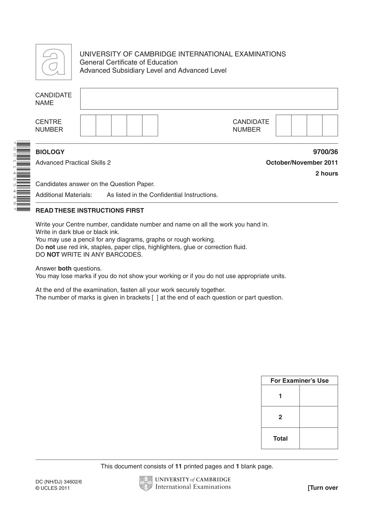 Cambridge A Level Biology 9700 2011 Oct/Nov Paper 3 · Variant 6 question paper, page 1 of 12