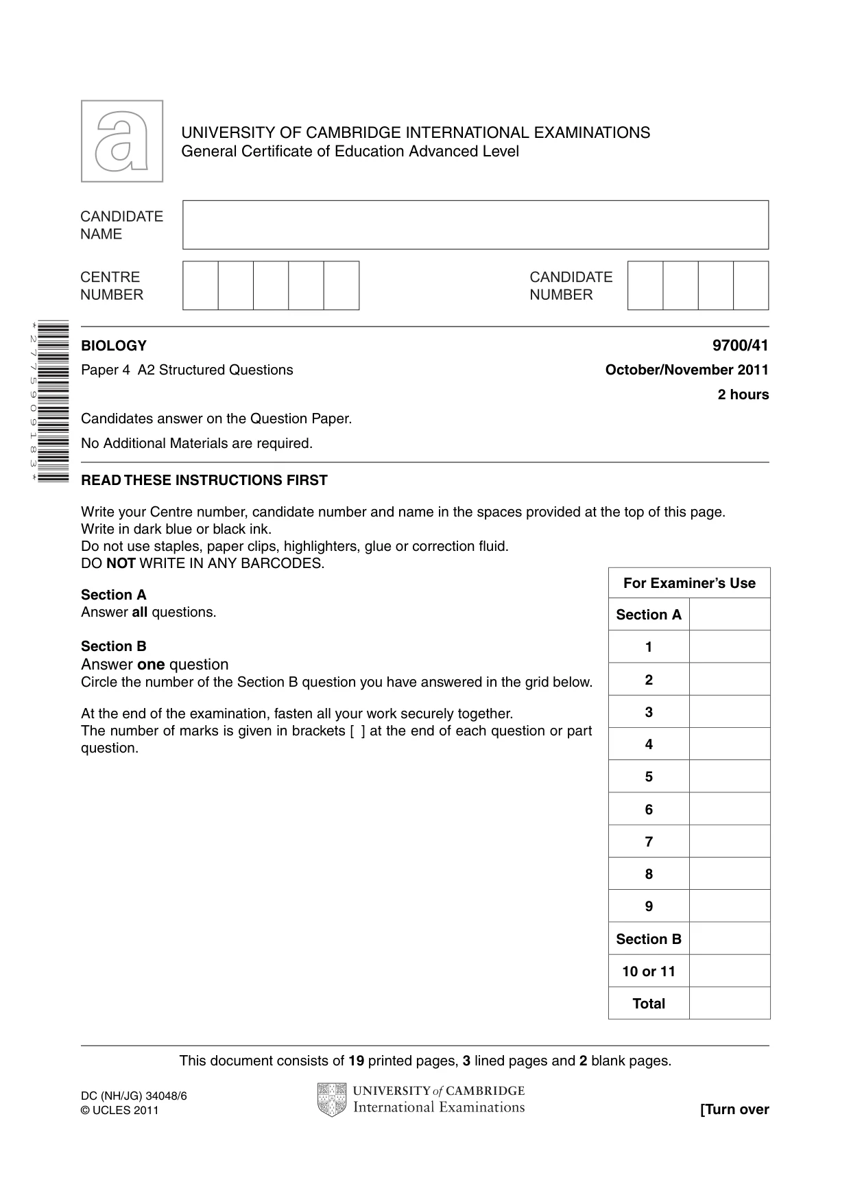 Cambridge A Level Biology 9700 2011 Oct/Nov Paper 4 · Variant 1 question paper, page 1 of 24
