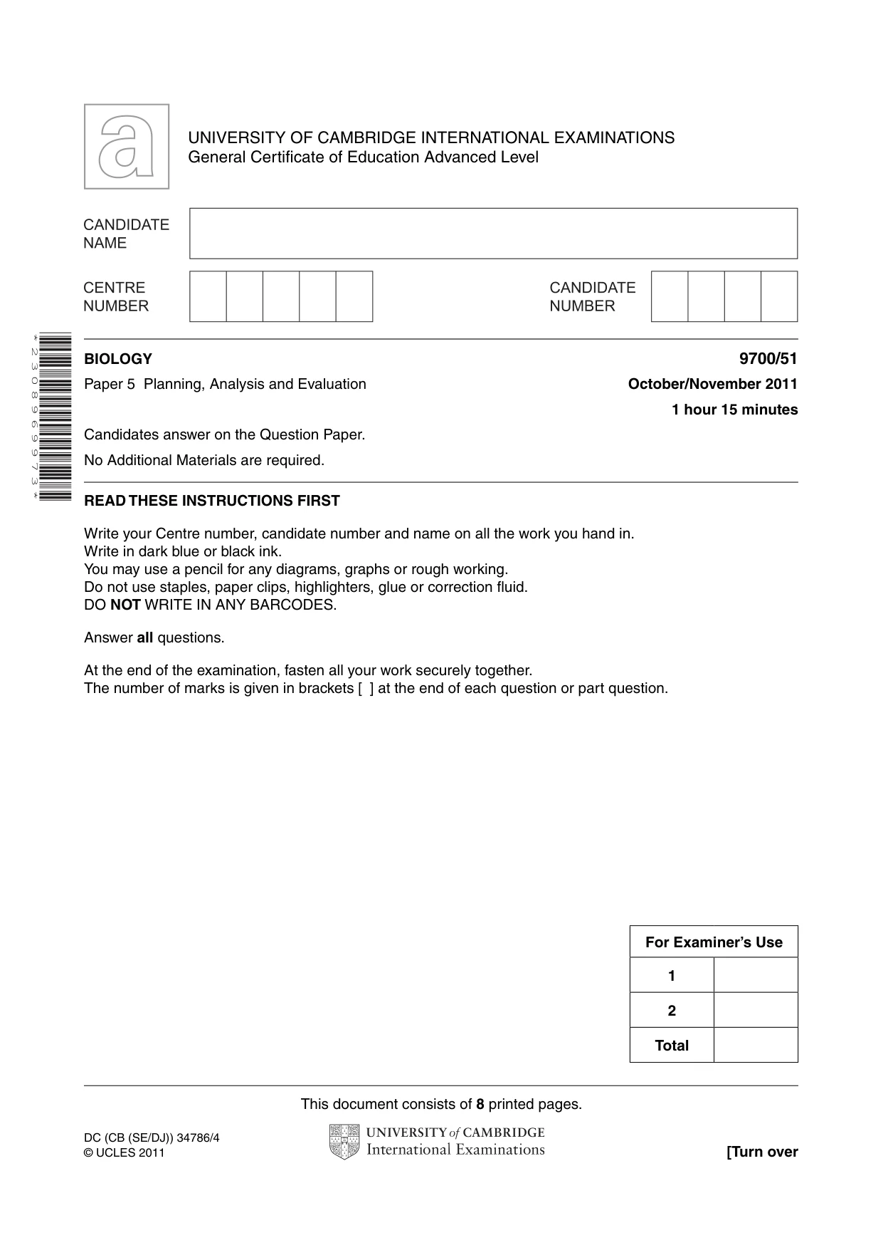 Cambridge A Level Biology 9700 2011 Oct/Nov Paper 5 · Variant 1 question paper, page 1 of 8