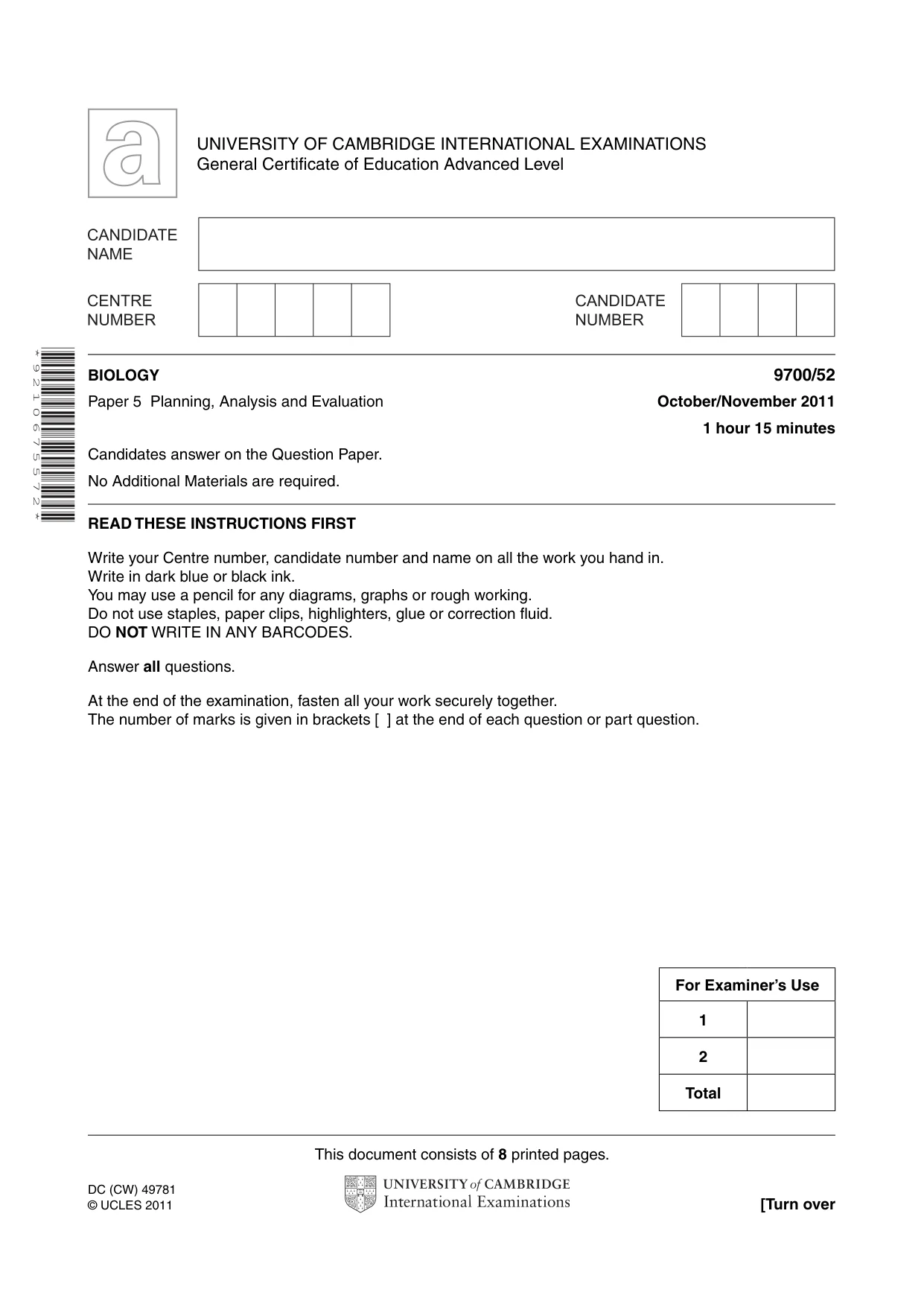 Cambridge A Level Biology 9700 2011 Oct/Nov Paper 5 · Variant 2 question paper, page 1 of 8