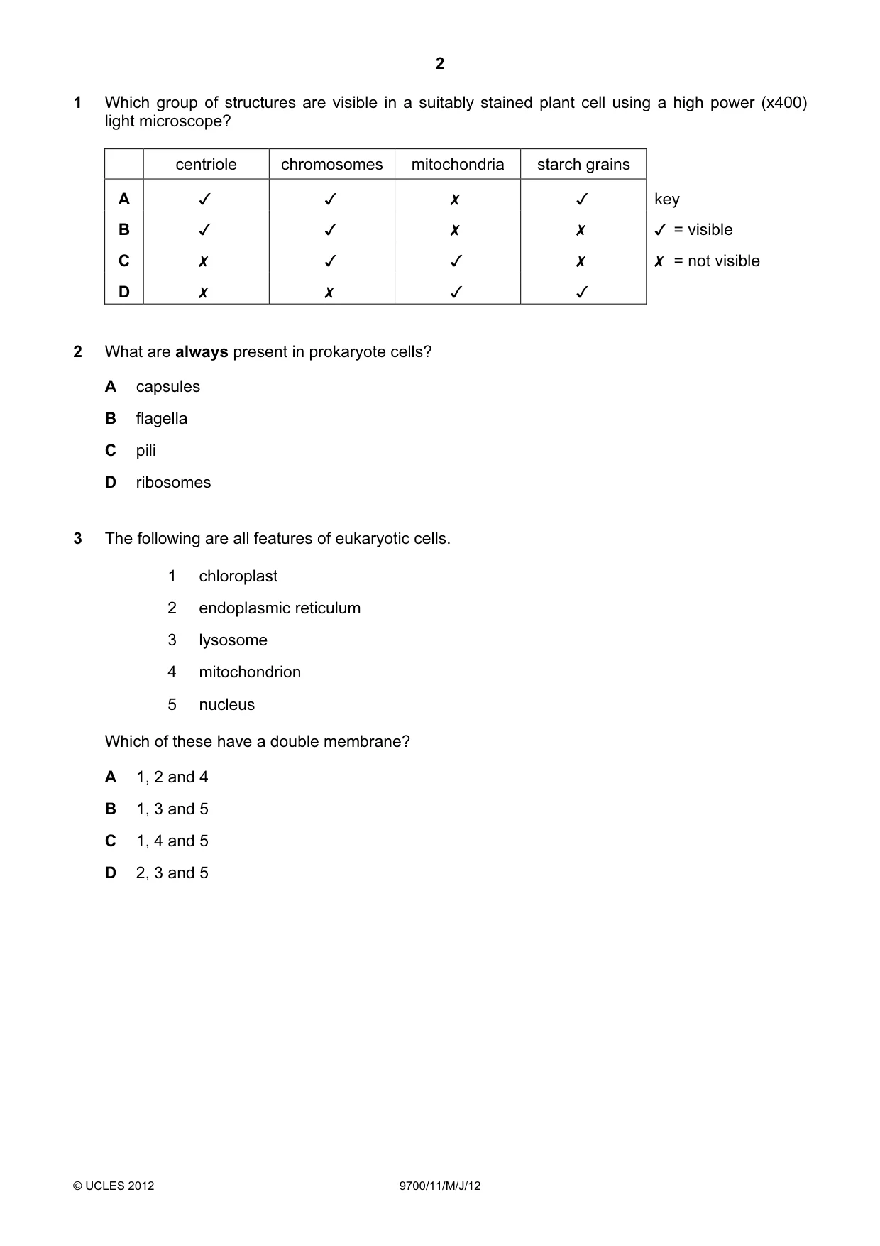 Cambridge A Level Biology 9700 2012 May/June Paper 1 · Variant 1 question paper, page 2 of 20