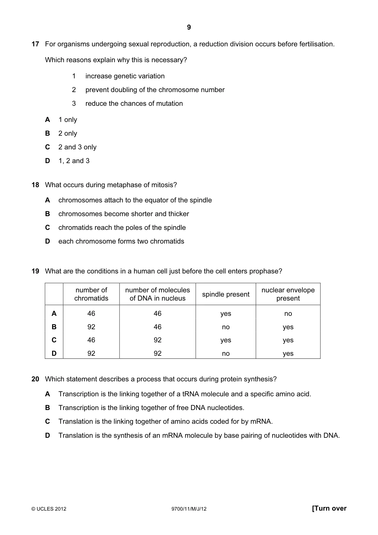 Cambridge A Level Biology 9700 2012 May/June Paper 1 · Variant 1 question paper, page 9 of 20