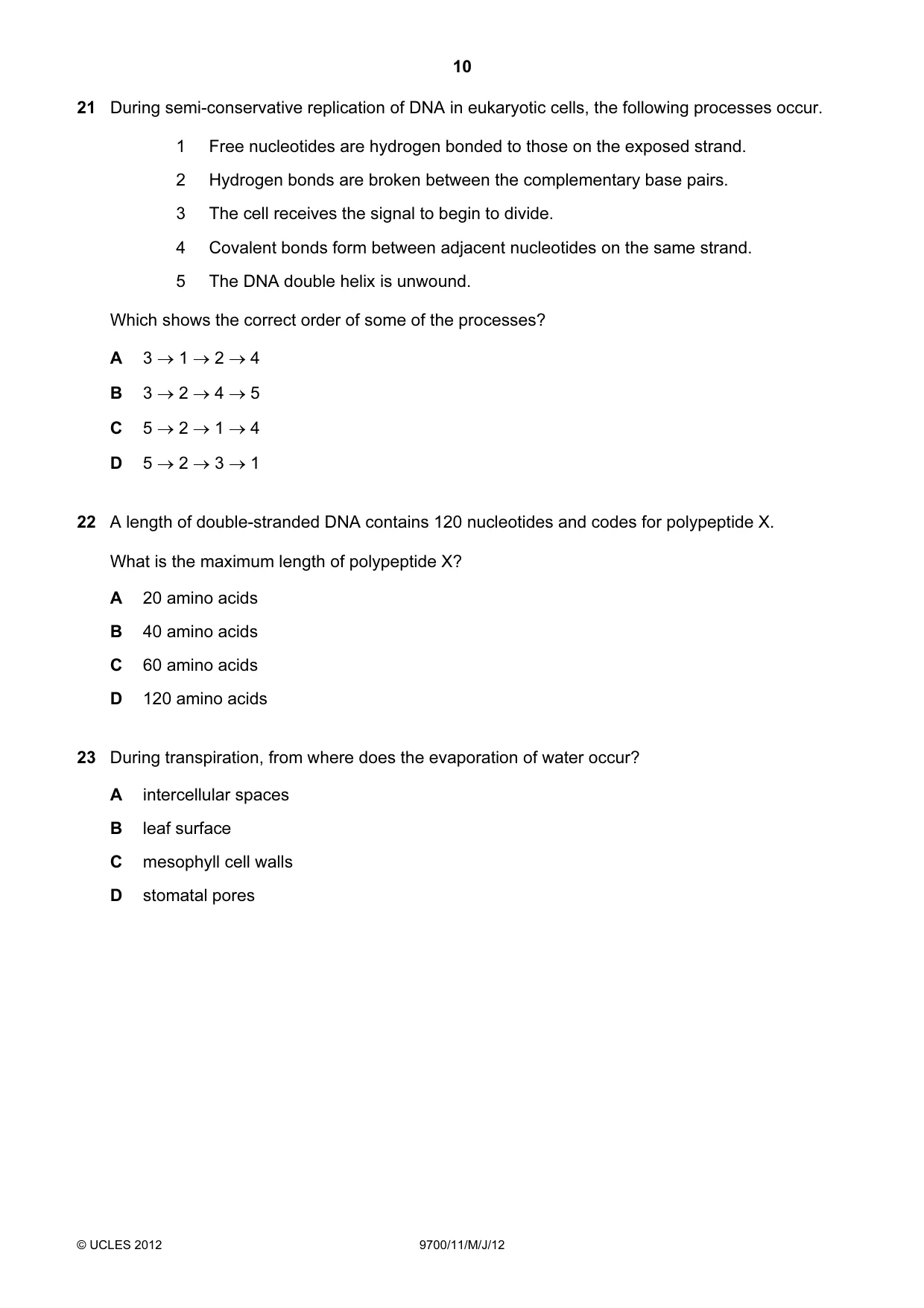 Cambridge A Level Biology 9700 2012 May/June Paper 1 · Variant 1 question paper, page 10 of 20