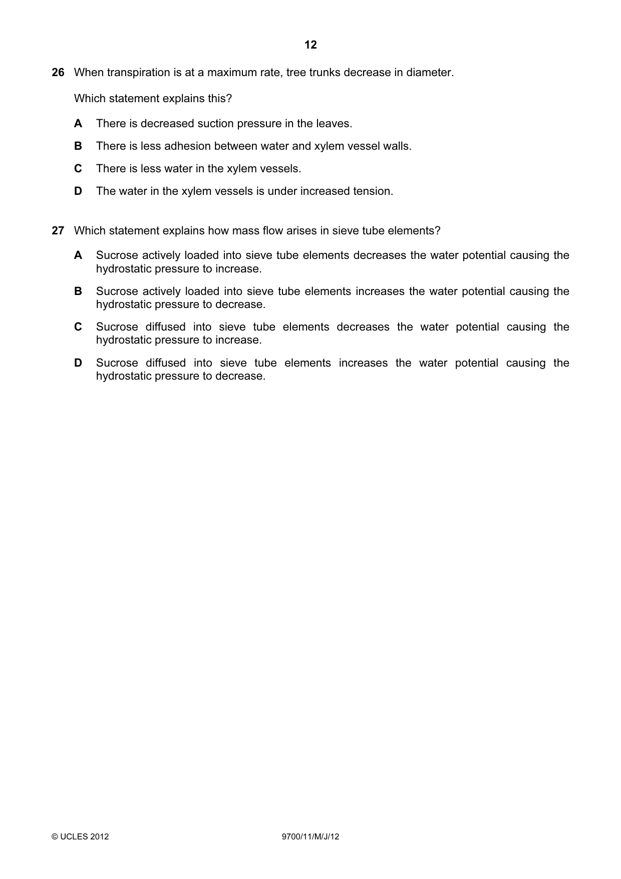 Cambridge A Level Biology 9700 2012 May/June Paper 1 · Variant 1 question paper, page 12 of 20