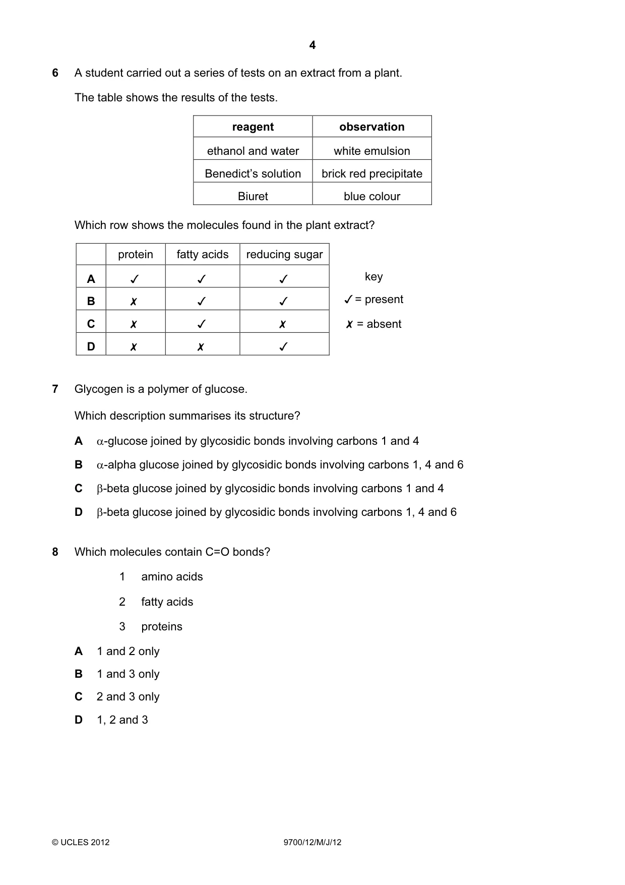 Cambridge A Level Biology 9700 2012 May/June Paper 1 · Variant 2 question paper, page 4 of 20