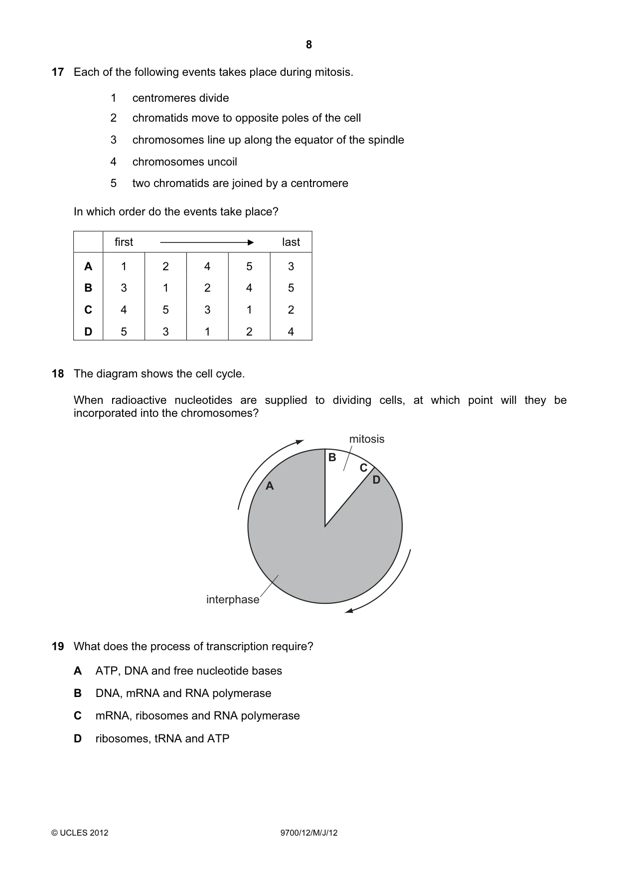 Cambridge A Level Biology 9700 2012 May/June Paper 1 · Variant 2 question paper, page 8 of 20