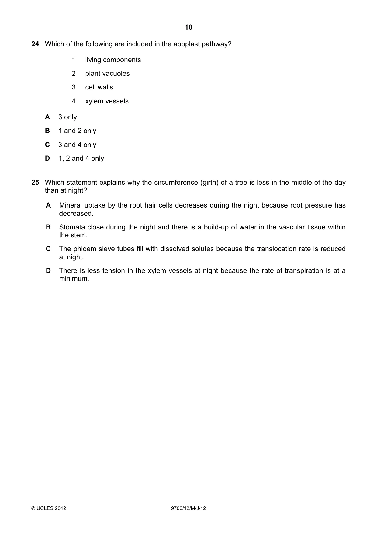 Cambridge A Level Biology 9700 2012 May/June Paper 1 · Variant 2 question paper, page 10 of 20