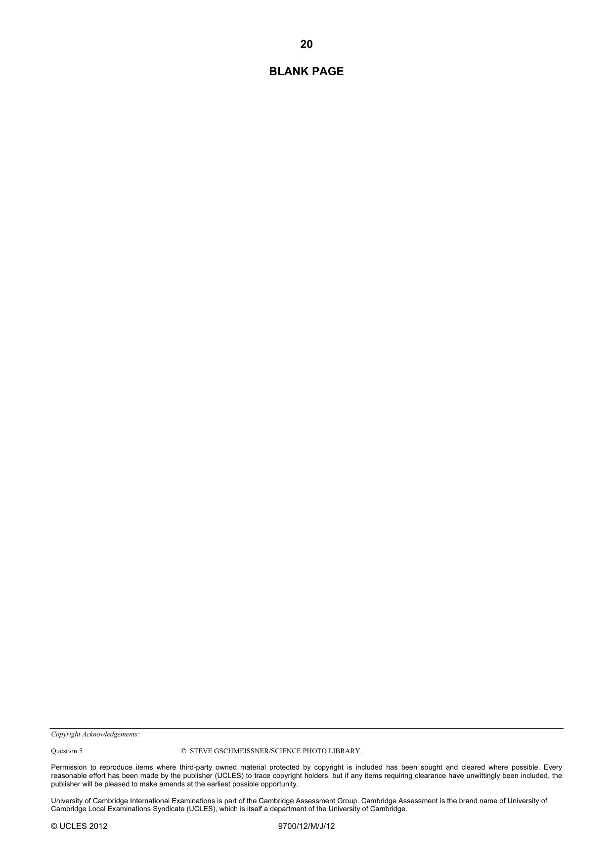 Cambridge A Level Biology 9700 2012 May/June Paper 1 · Variant 2 question paper, page 20 of 20