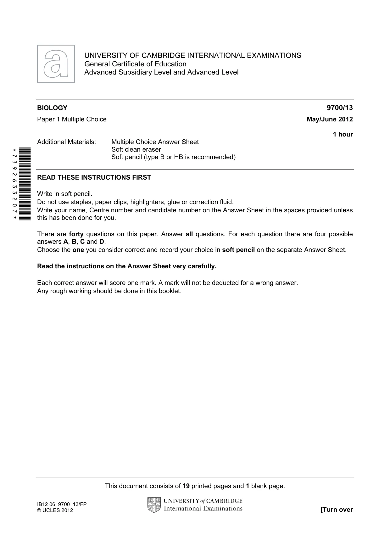 Cambridge A Level Biology 9700 2012 May/June Paper 1 · Variant 3 question paper, page 1 of 20