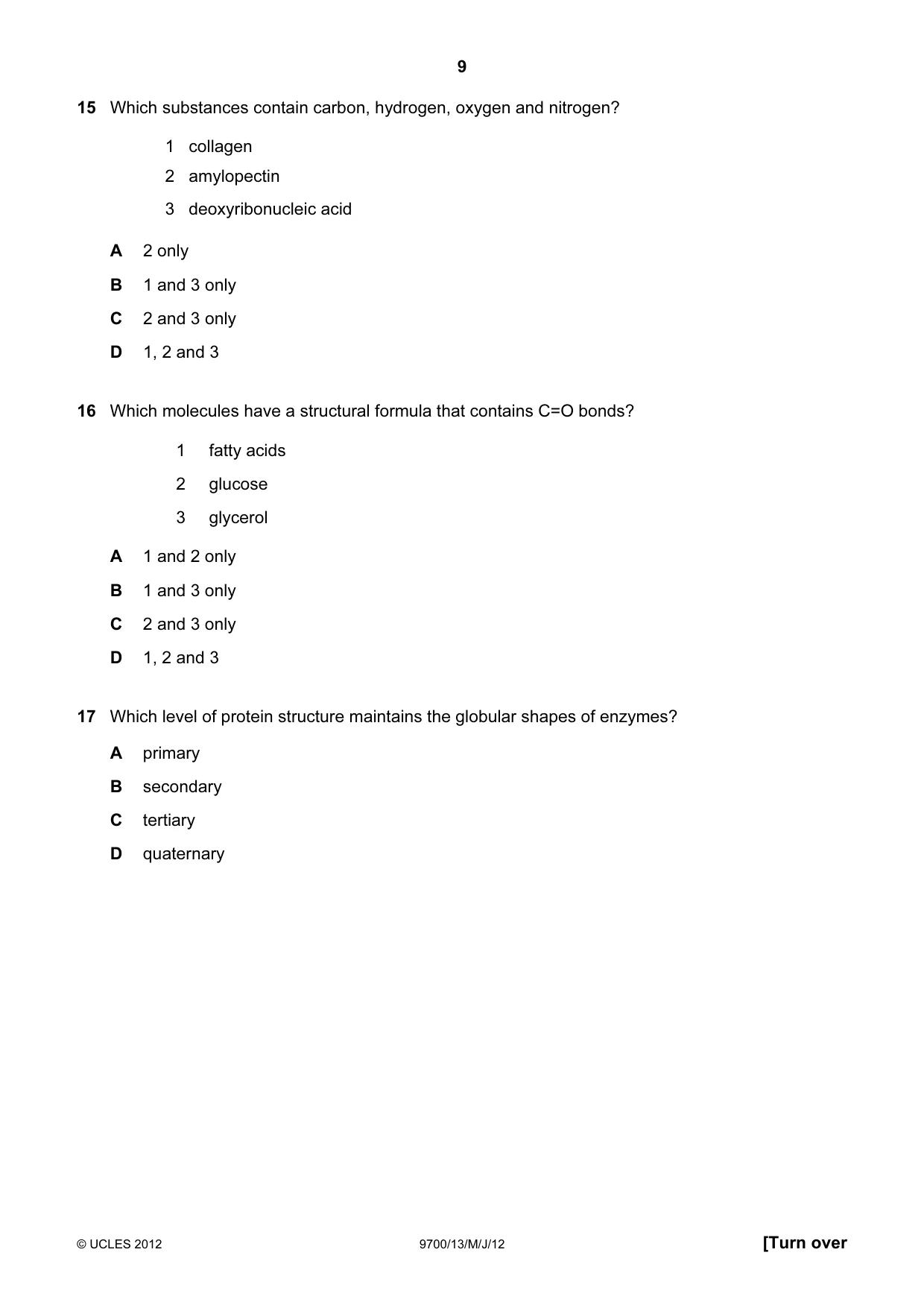 Cambridge A Level Biology 9700 2012 May/June Paper 1 · Variant 3 question paper, page 9 of 20