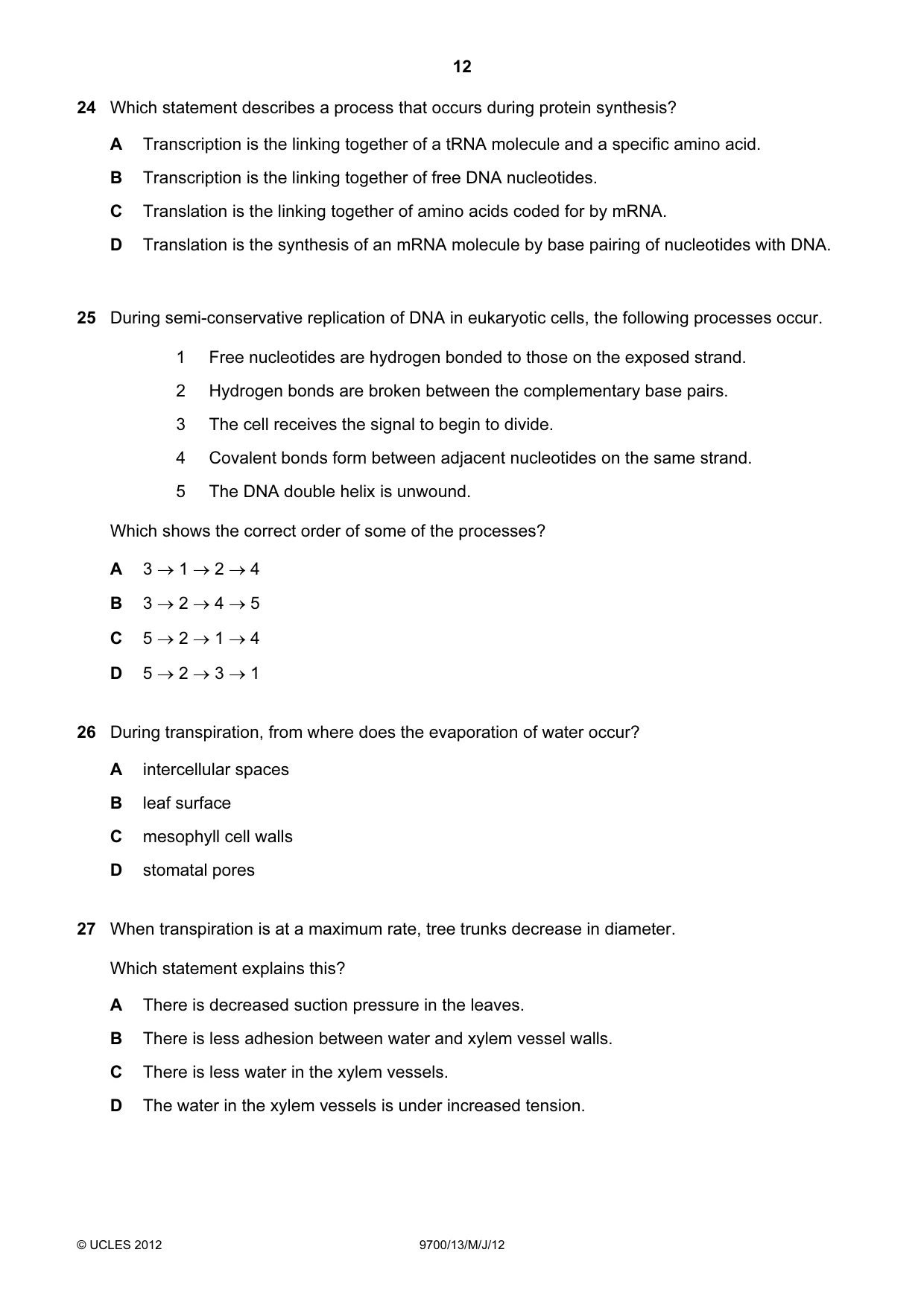 Cambridge A Level Biology 9700 2012 May/June Paper 1 · Variant 3 question paper, page 12 of 20