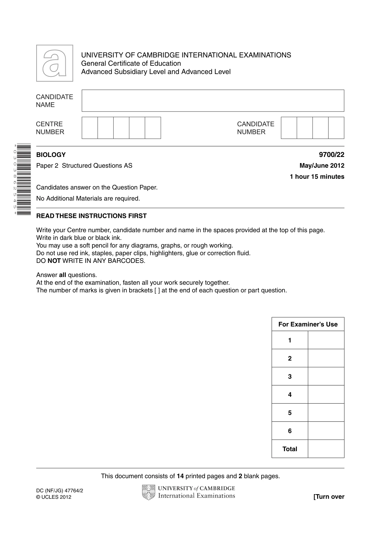 Cambridge A Level Biology 9700 2012 May/June Paper 2 · Variant 2 question paper, page 1 of 16