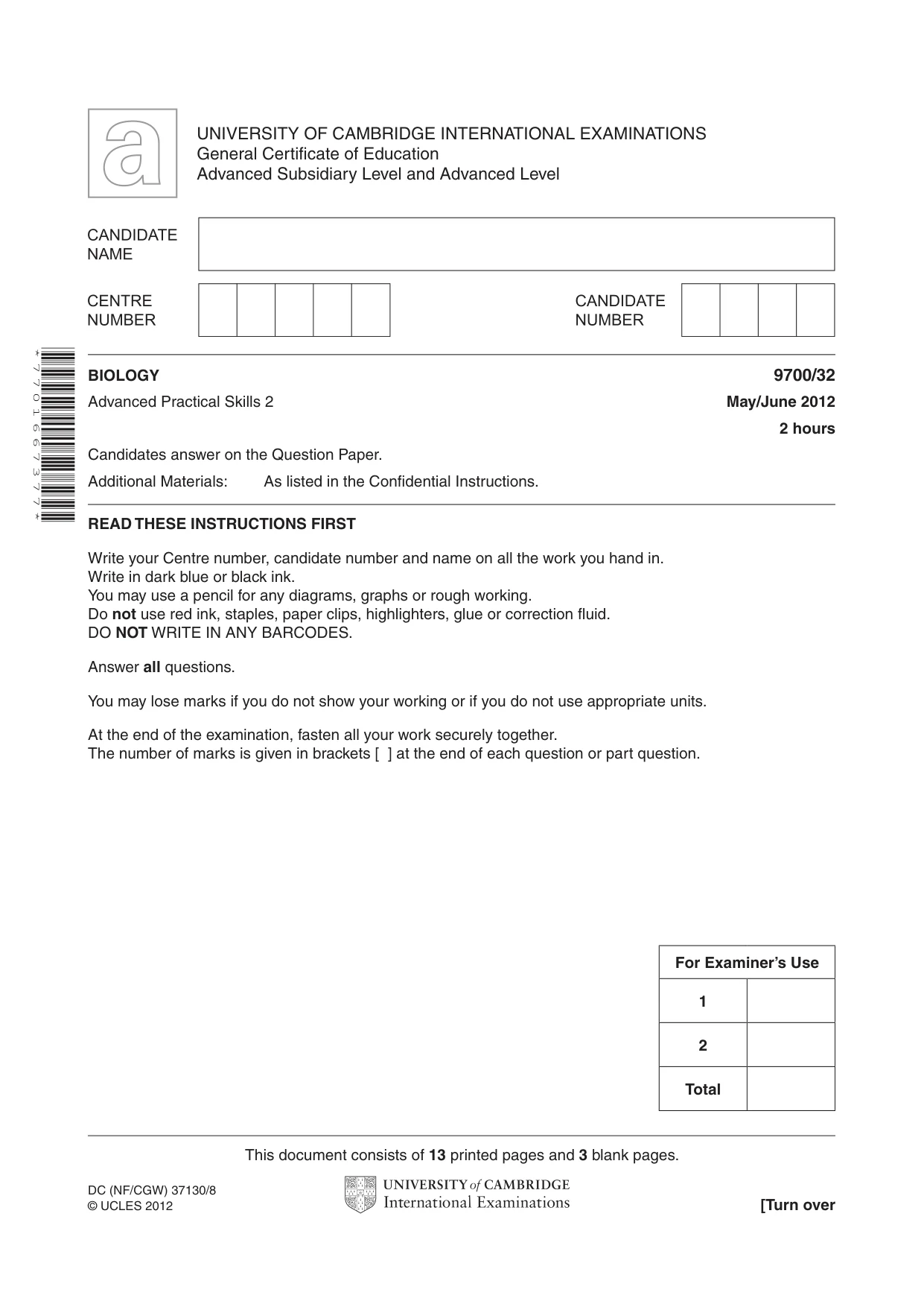 Cambridge A Level Biology 9700 2012 May/June Paper 3 · Variant 2 question paper, page 1 of 16