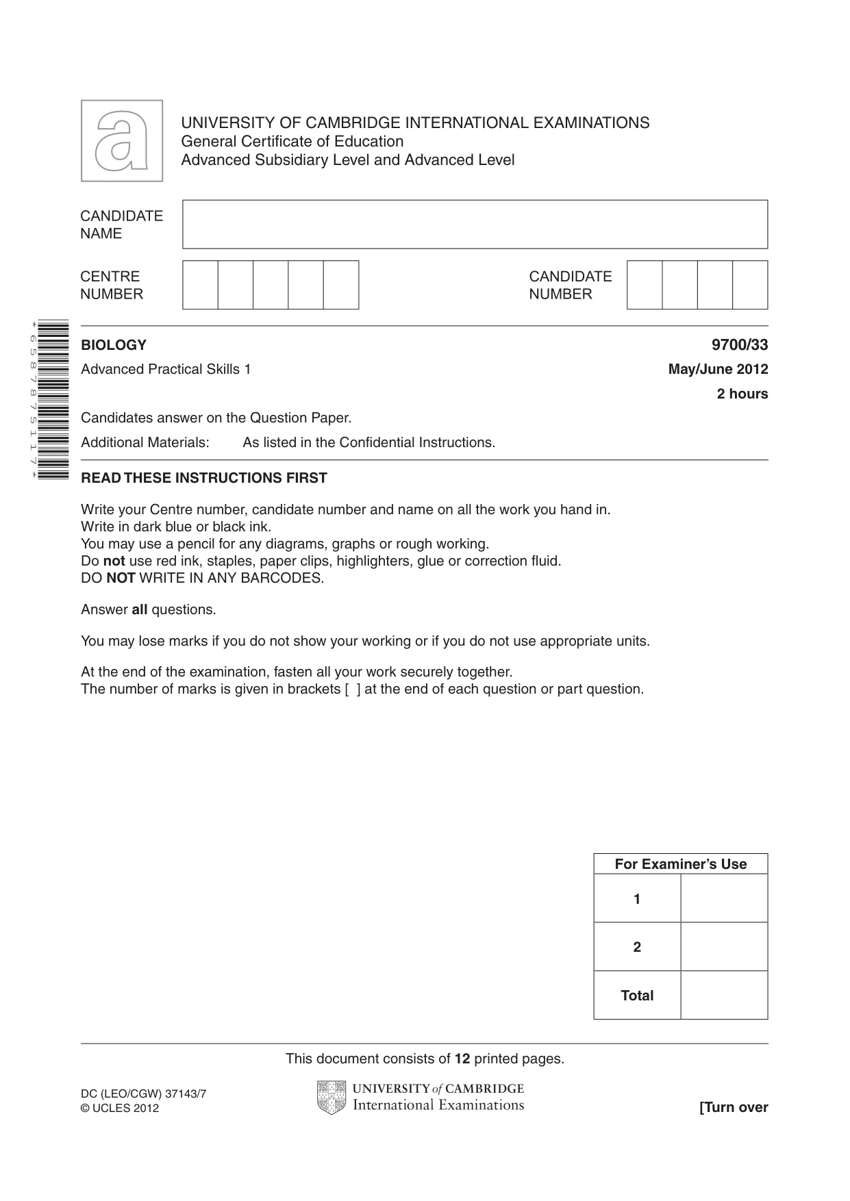 Cambridge A Level Biology 9700 2012 May/June Paper 3 · Variant 3 question paper, page 1 of 12