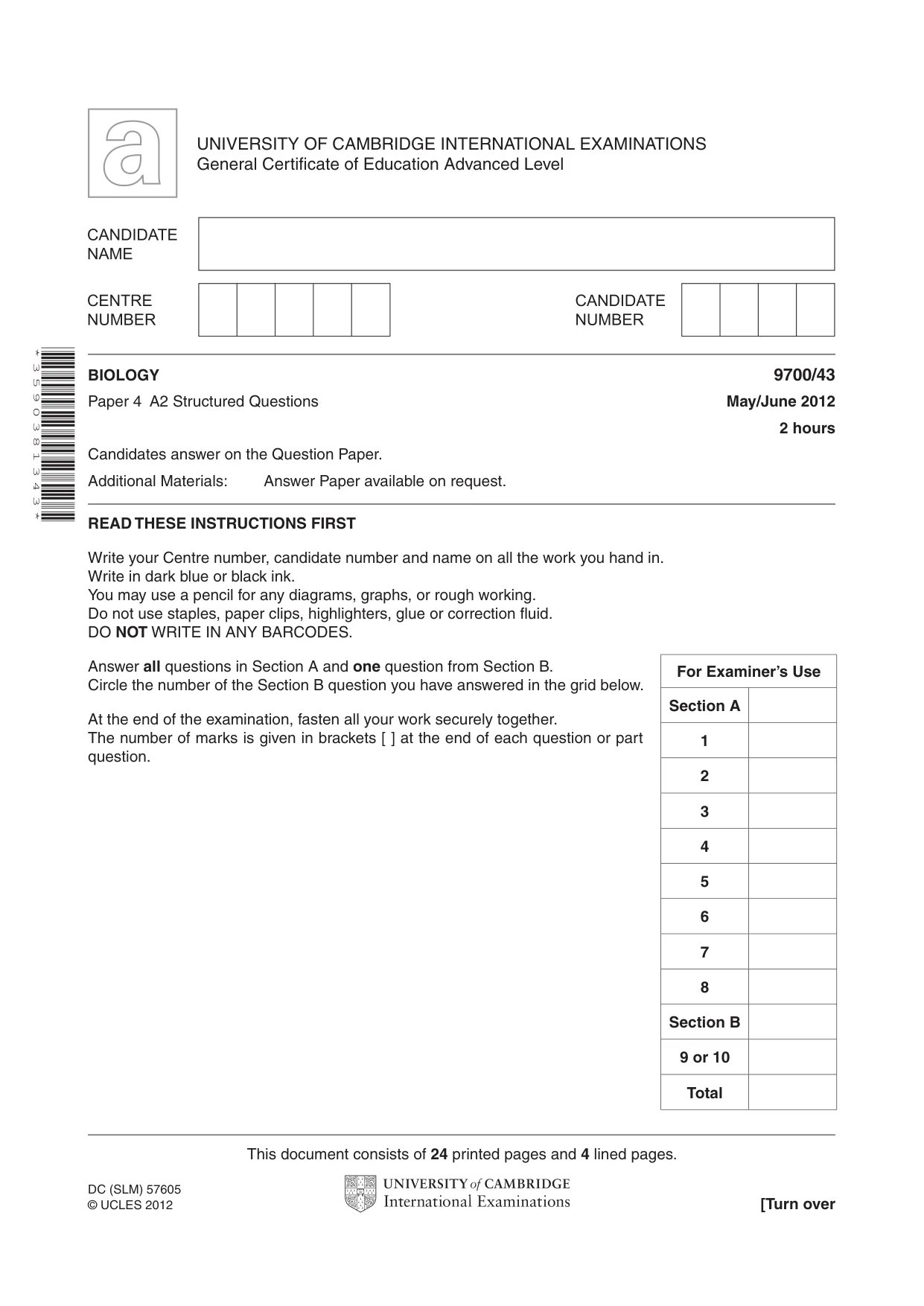 Cambridge A Level Biology 9700 2012 May/June Paper 4 · Variant 3 question paper, page 1 of 28