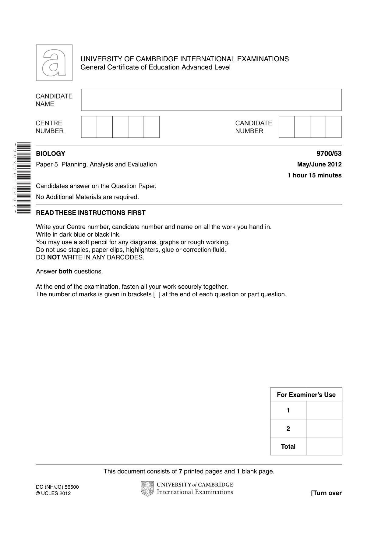 Cambridge A Level Biology 9700 2012 May/June Paper 5 · Variant 3 question paper, page 1 of 8