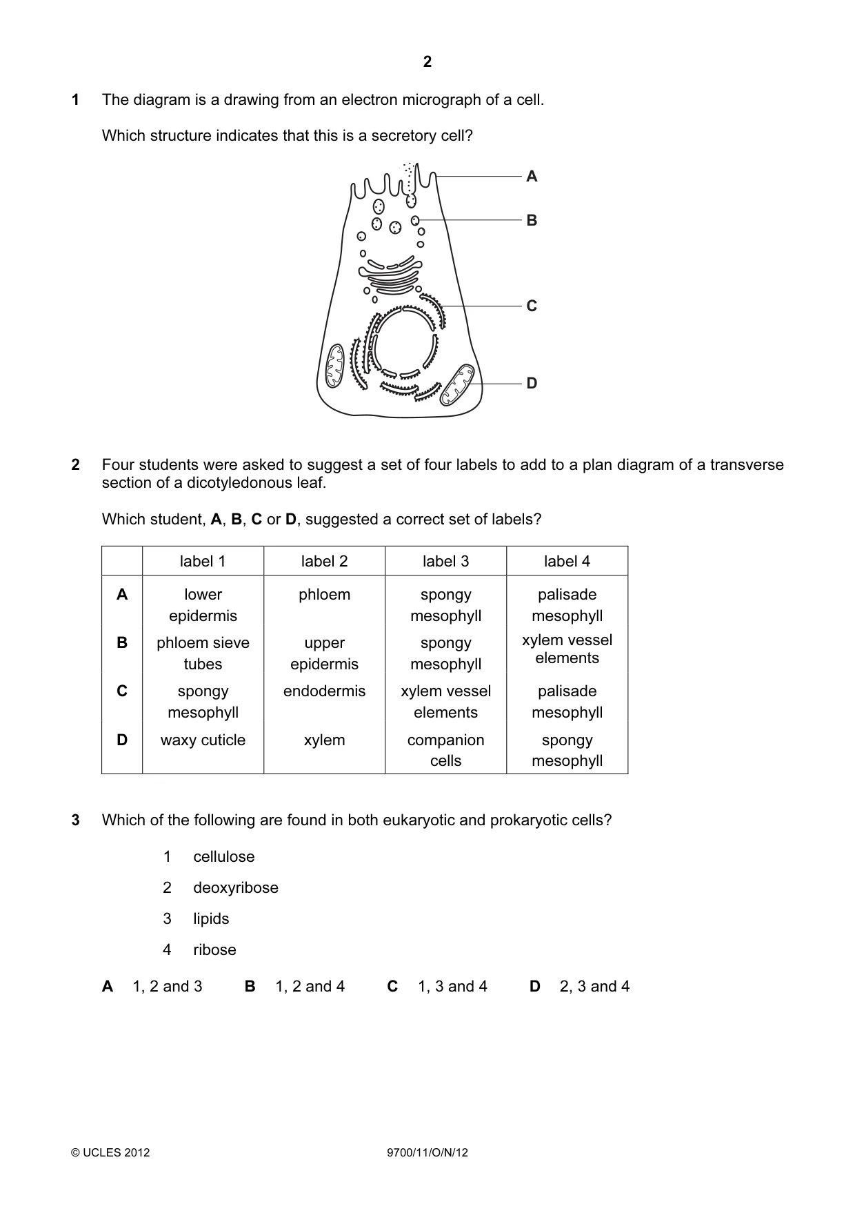 Cambridge A Level Biology 9700 2012 Oct/Nov Paper 1 · Variant 1 question paper, page 2 of 16