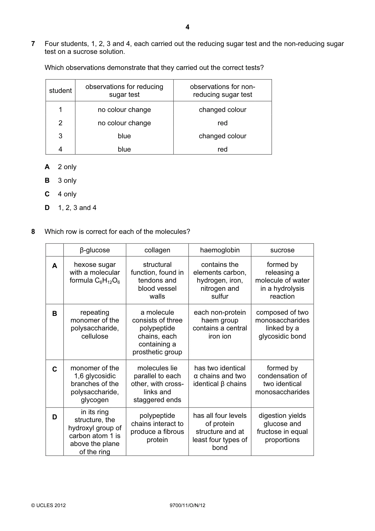 Cambridge A Level Biology 9700 2012 Oct/Nov Paper 1 · Variant 1 question paper, page 4 of 16