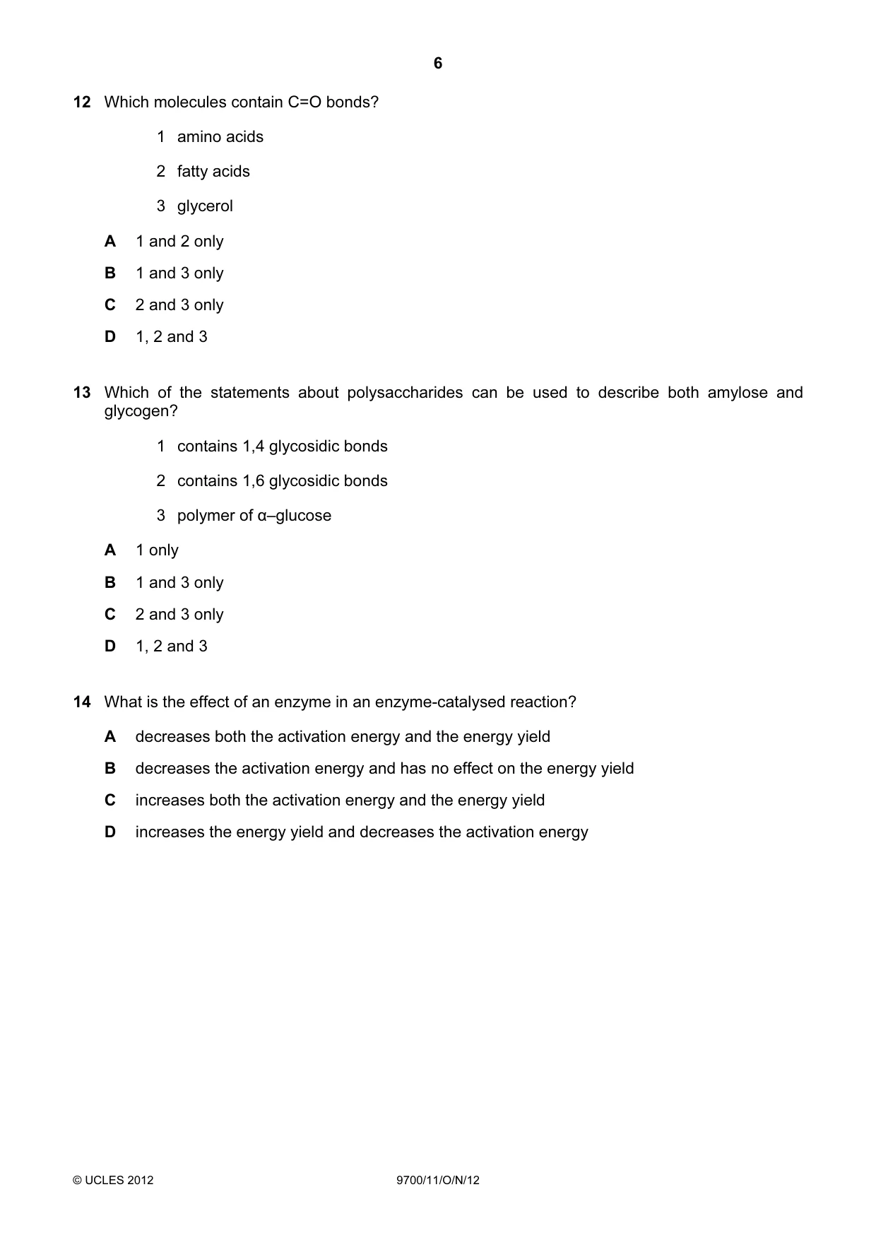 Cambridge A Level Biology 9700 2012 Oct/Nov Paper 1 · Variant 1 question paper, page 6 of 16