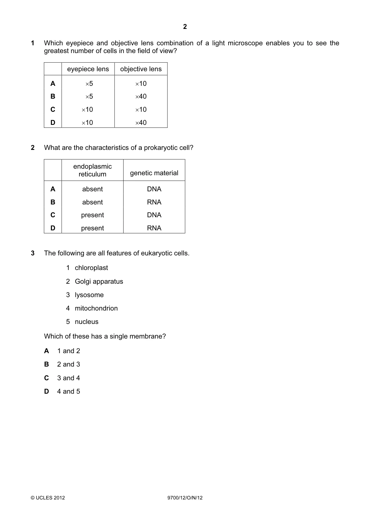 Cambridge A Level Biology 9700 2012 Oct/Nov Paper 1 · Variant 2 question paper, page 2 of 16