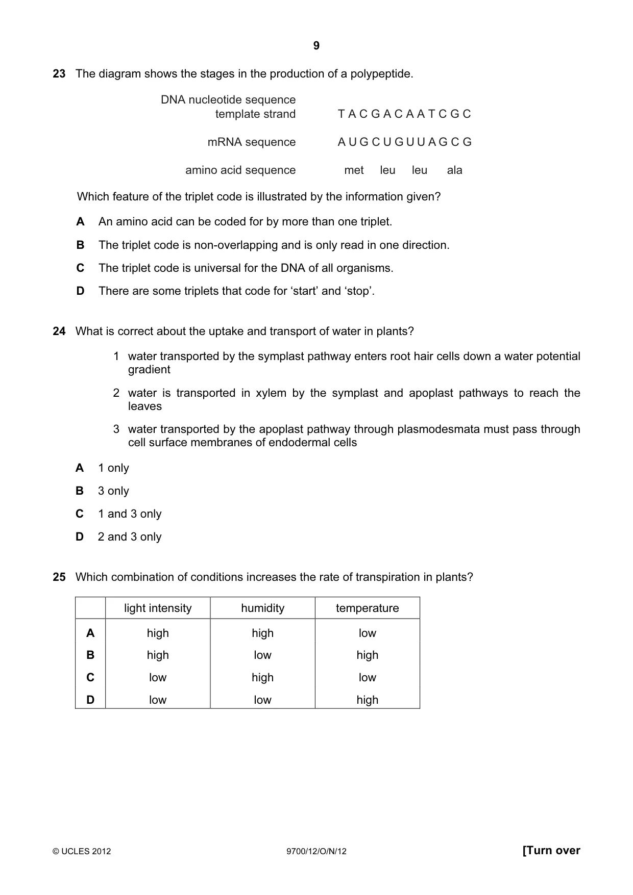 Cambridge A Level Biology 9700 2012 Oct/Nov Paper 1 · Variant 2 question paper, page 9 of 16