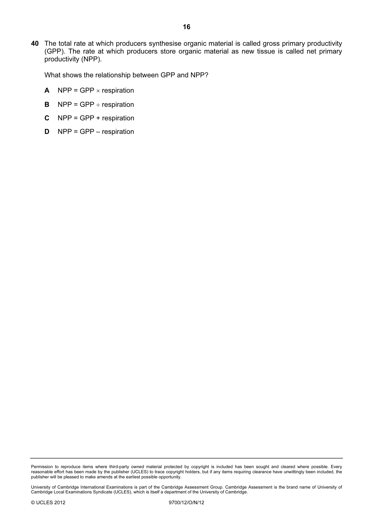 Cambridge A Level Biology 9700 2012 Oct/Nov Paper 1 · Variant 2 question paper, page 16 of 16
