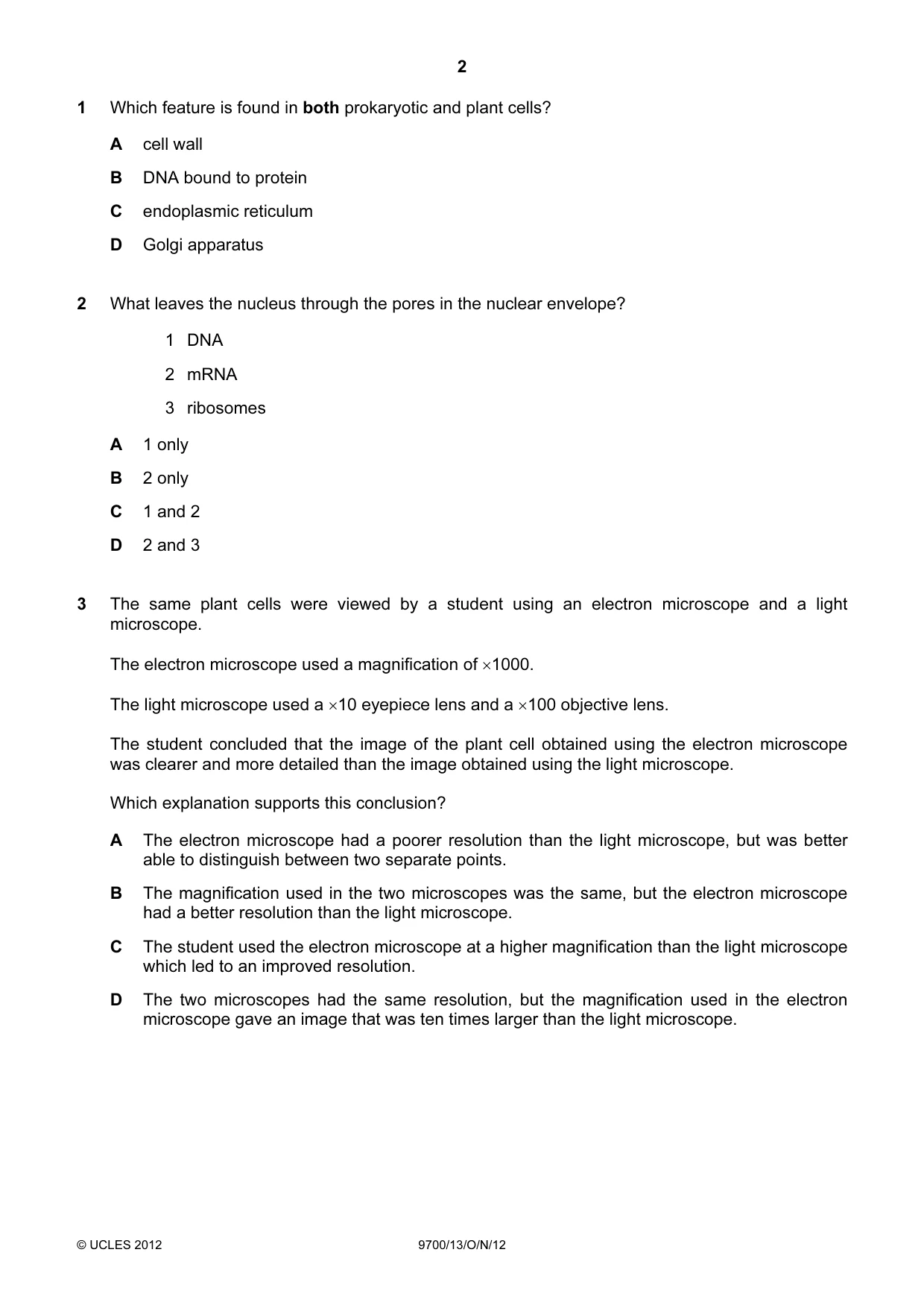 Cambridge A Level Biology 9700 2012 Oct/Nov Paper 1 · Variant 3 question paper, page 2 of 16