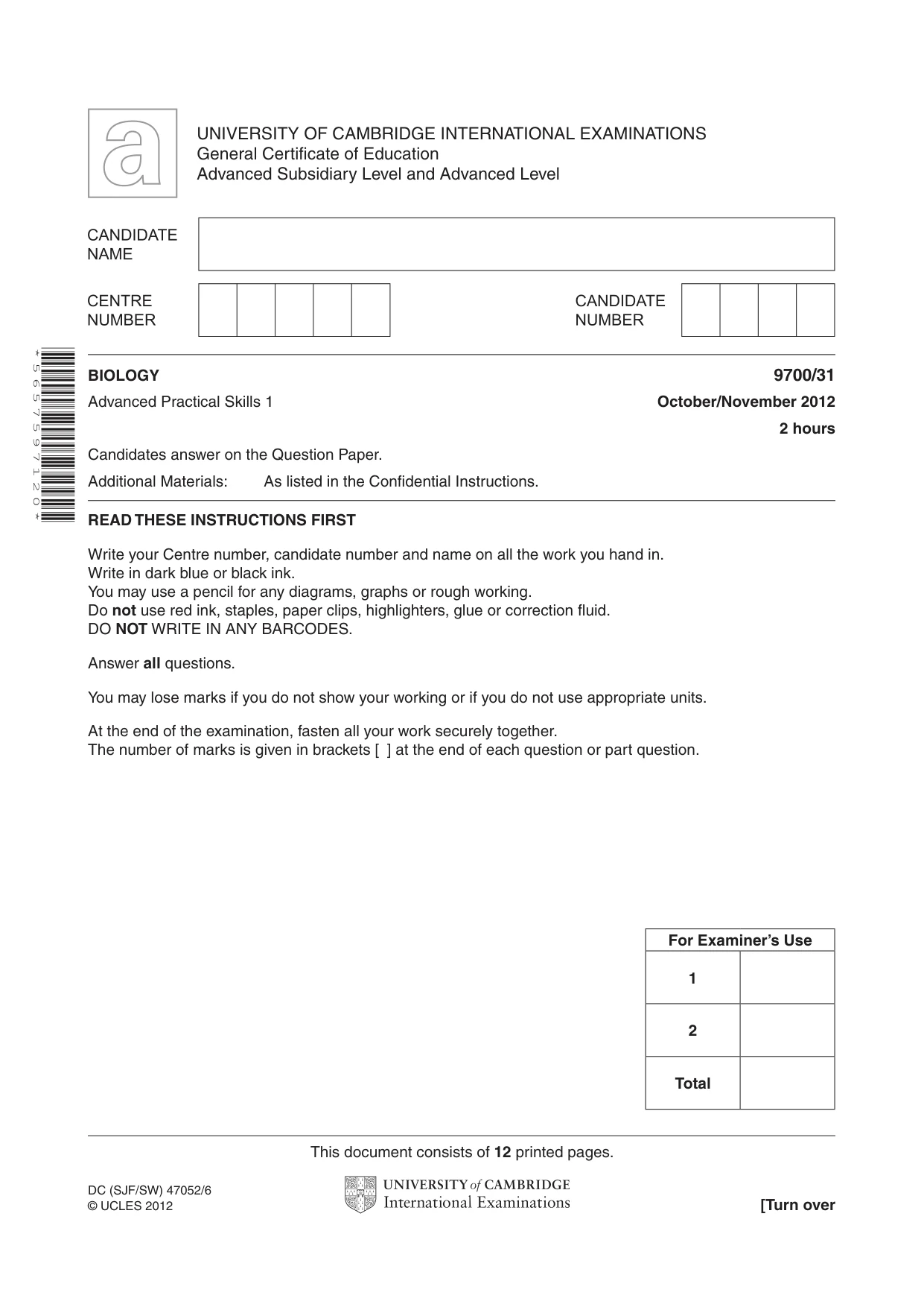 Cambridge A Level Biology 9700 2012 Oct/Nov Paper 3 · Variant 1 question paper, page 1 of 12