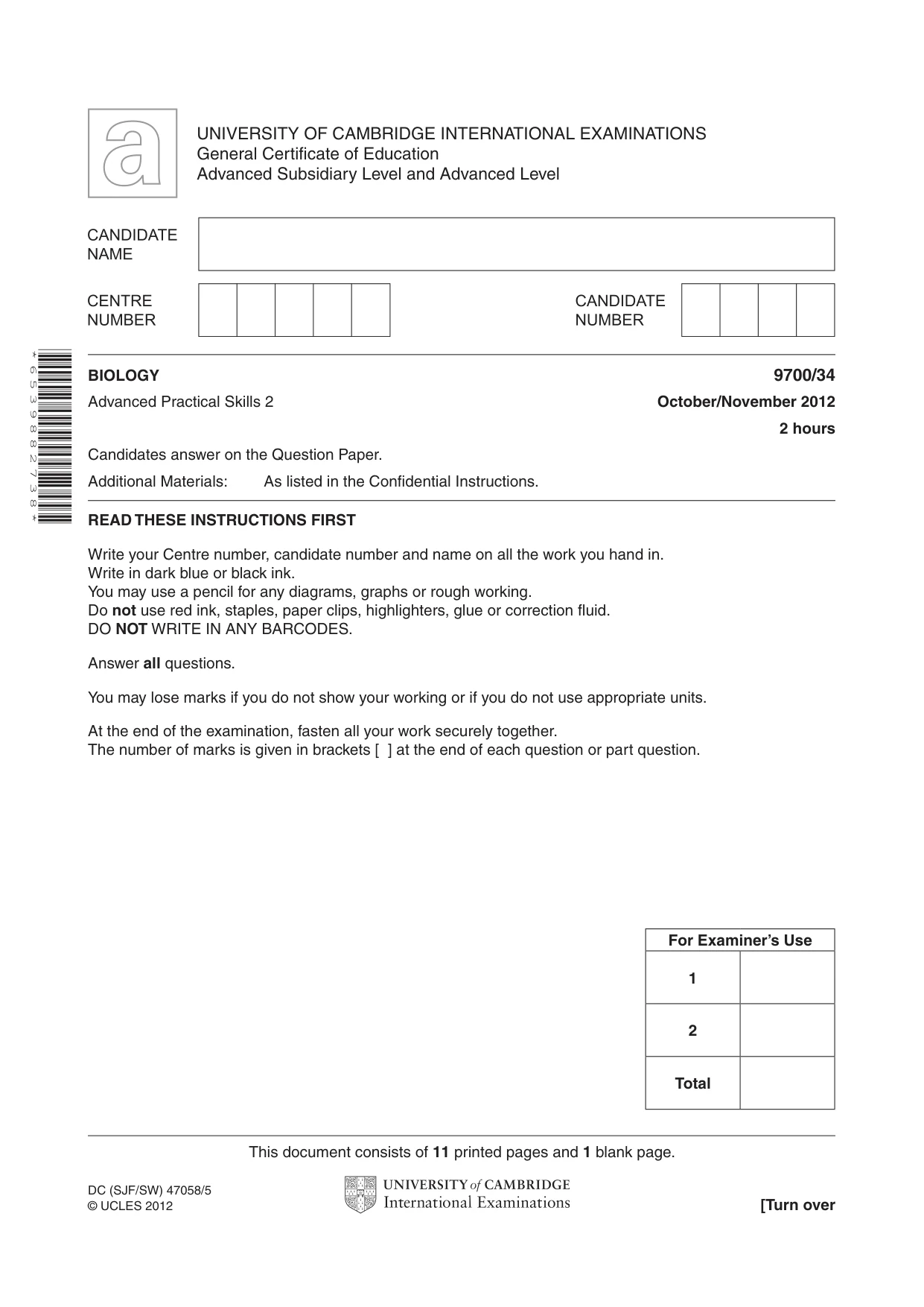 Cambridge A Level Biology 9700 2012 Oct/Nov Paper 3 · Variant 4 question paper, page 1 of 12