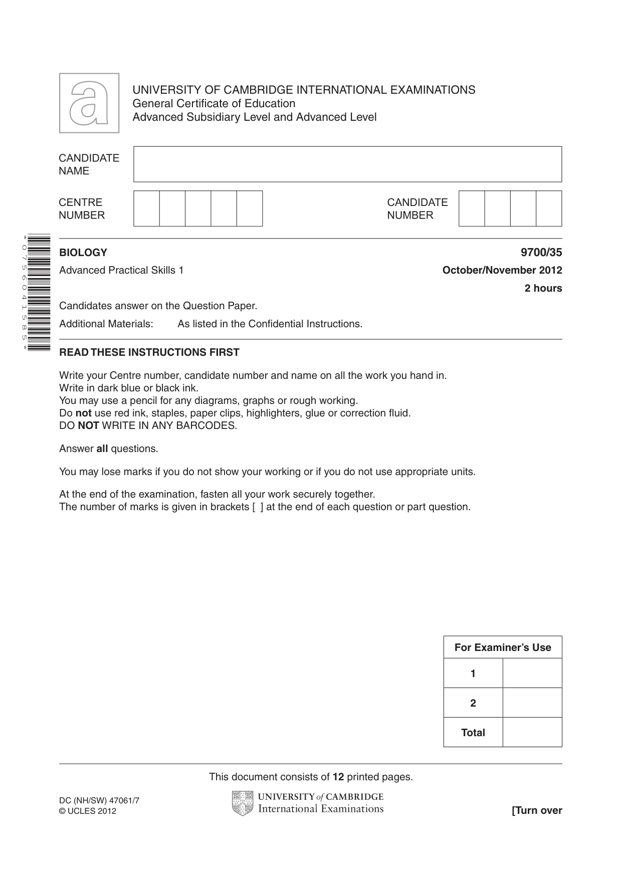 Cambridge A Level Biology 9700 2012 Oct/Nov Paper 3 · Variant 5 question paper, page 1 of 12