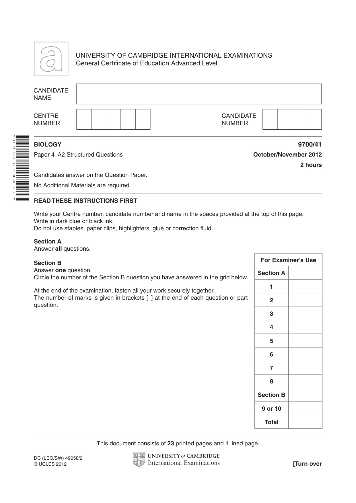 Cambridge A Level Biology 9700 2012 Oct/Nov Paper 4 · Variant 1 question paper, page 1 of 24