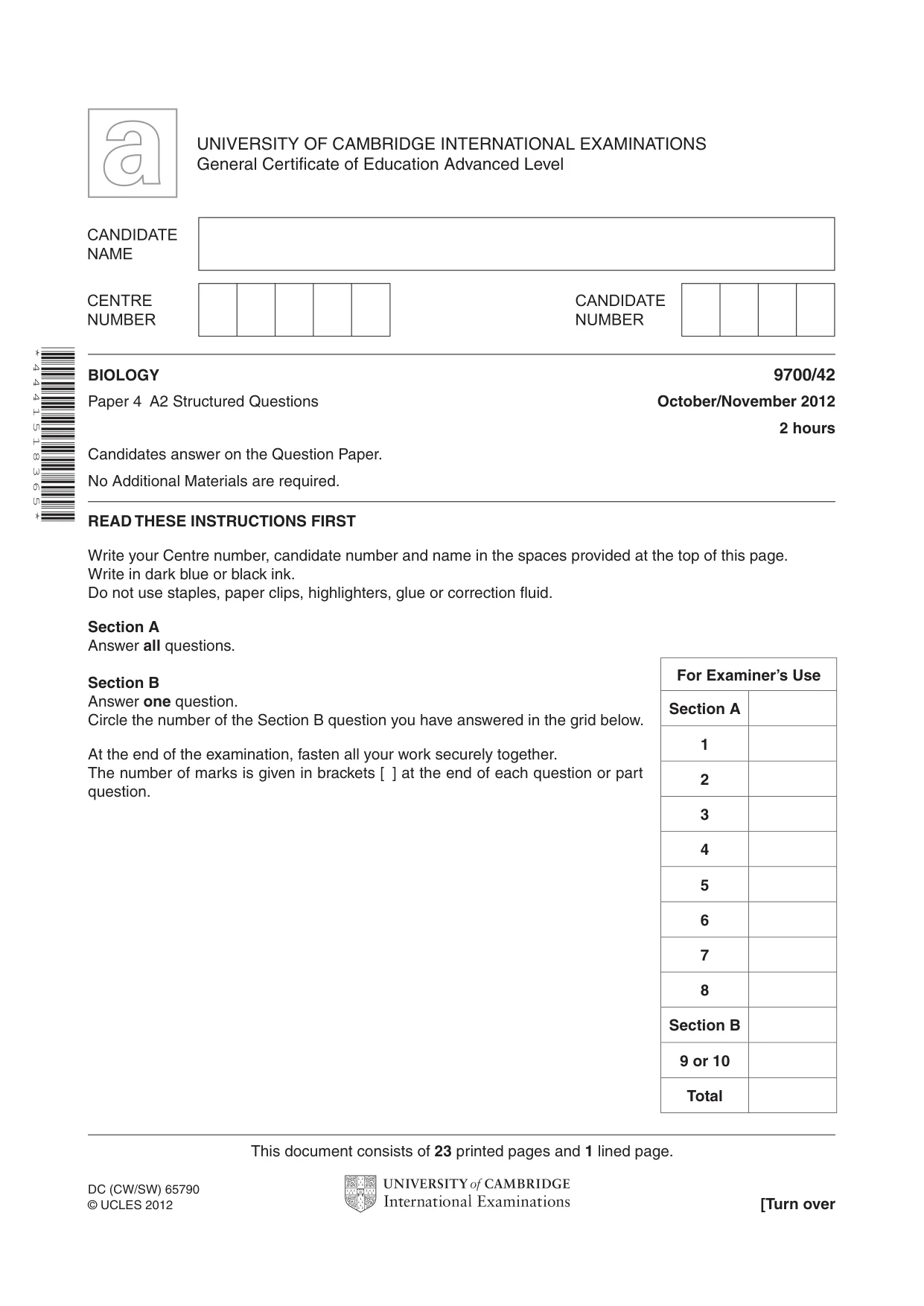 Cambridge A Level Biology 9700 2012 Oct/Nov Paper 4 · Variant 2 question paper, page 1 of 24