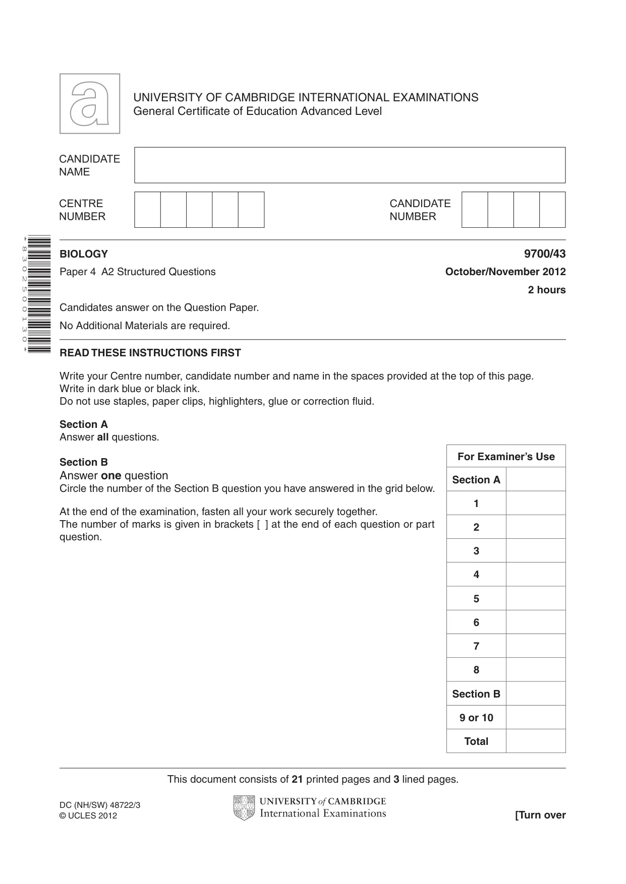 Cambridge A Level Biology 9700 2012 Oct/Nov Paper 4 · Variant 3 question paper, page 1 of 24
