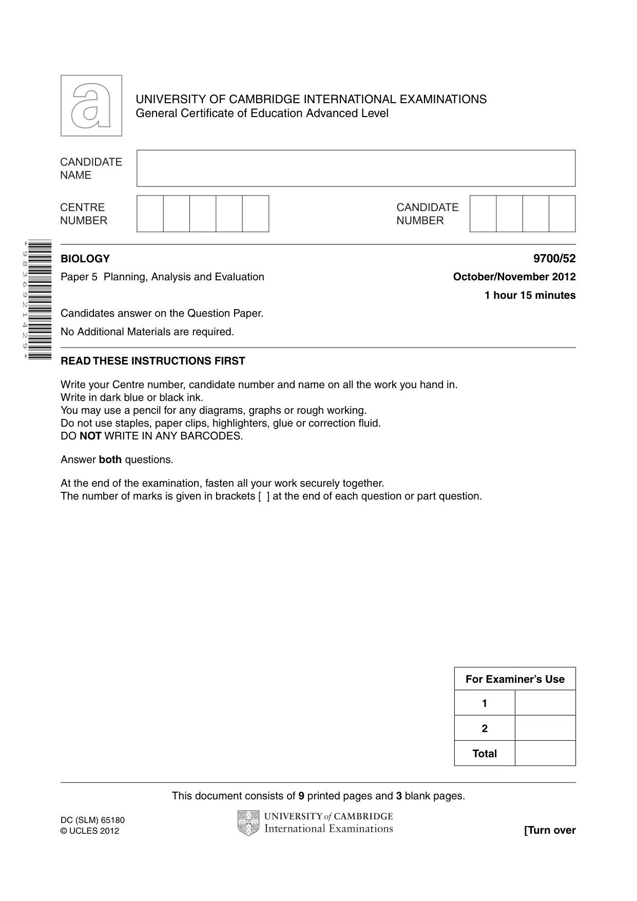 Cambridge A Level Biology 9700 2012 Oct/Nov Paper 5 · Variant 2 question paper, page 1 of 12