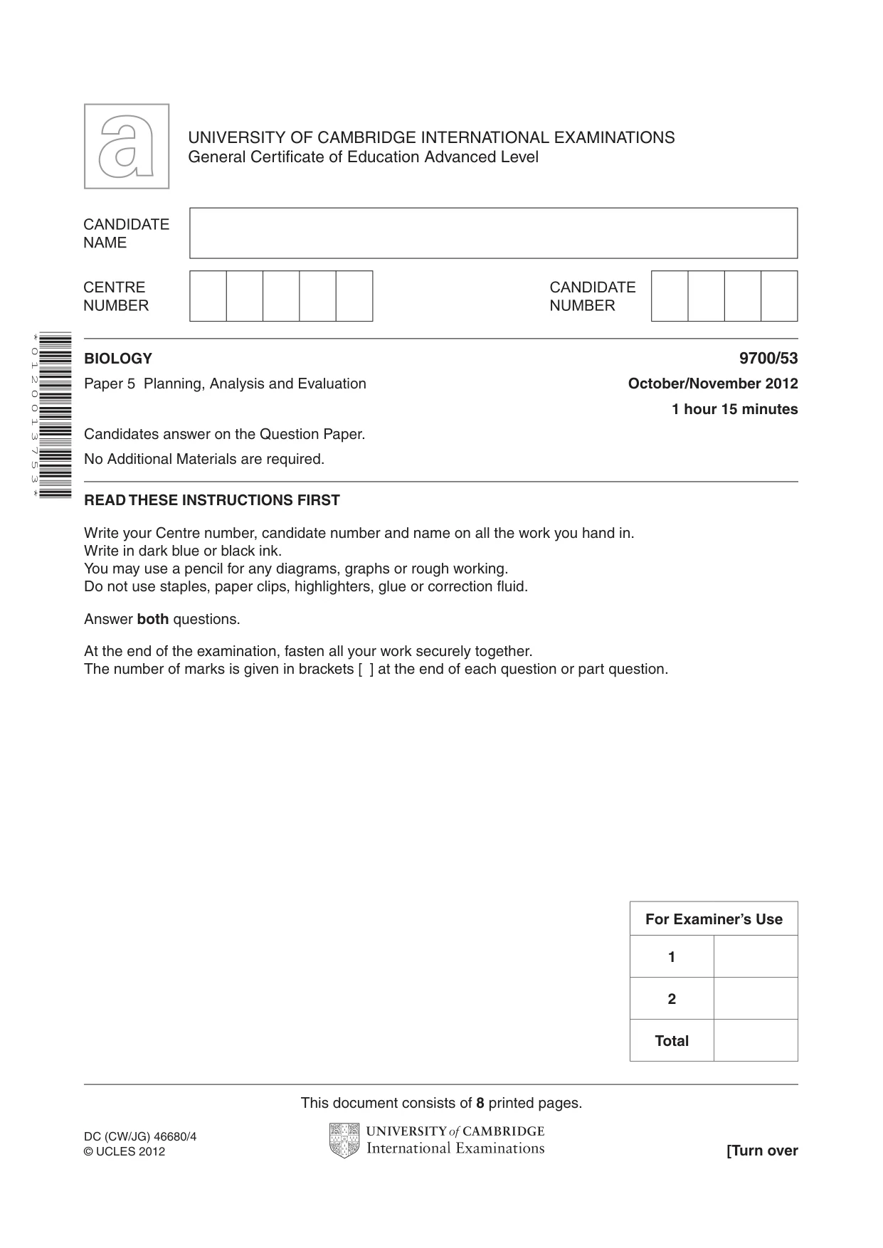 Cambridge A Level Biology 9700 2012 Oct/Nov Paper 5 · Variant 3 question paper, page 1 of 8