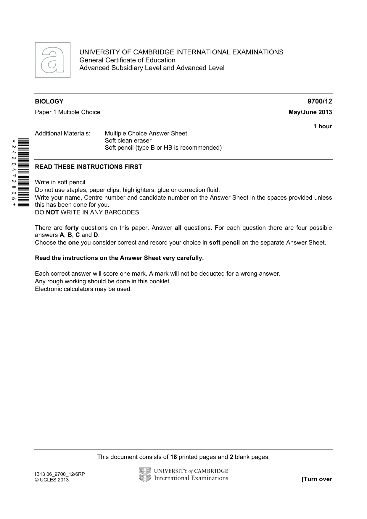 Cambridge A Level Biology 9700 2013 May/June Paper 1 · Variant 2 question paper, page 1 of 20