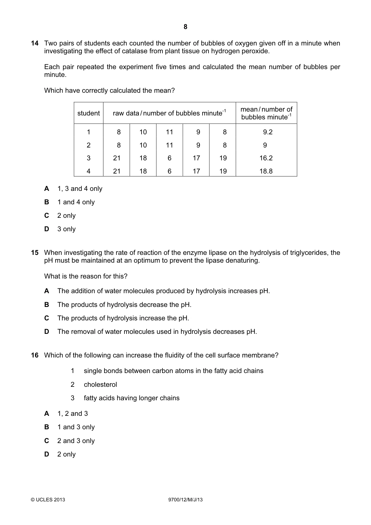 Cambridge A Level Biology 9700 2013 May/June Paper 1 · Variant 2 question paper, page 8 of 20