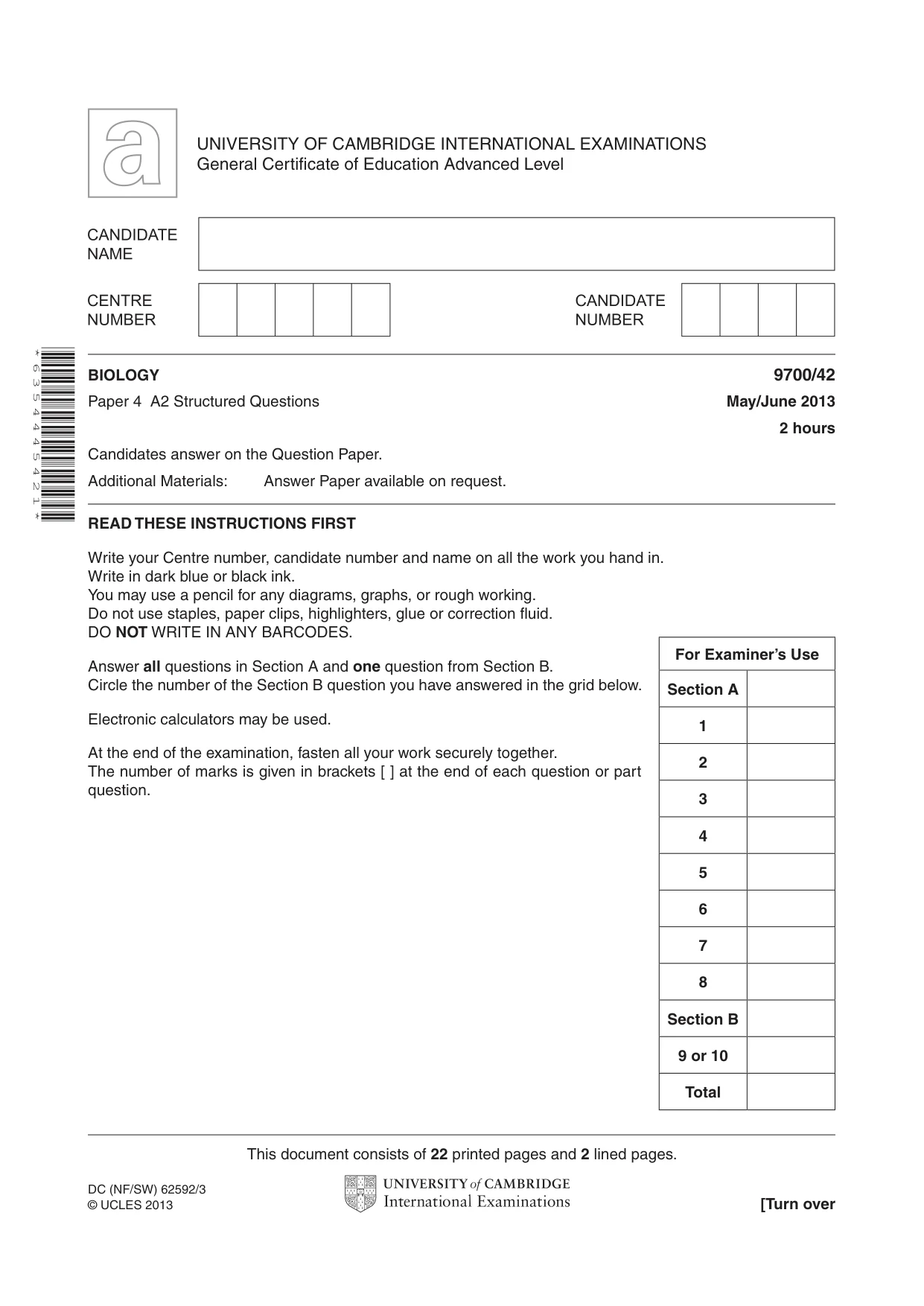 Cambridge A Level Biology 9700 2013 May/June Paper 4 · Variant 2 question paper, page 1 of 24