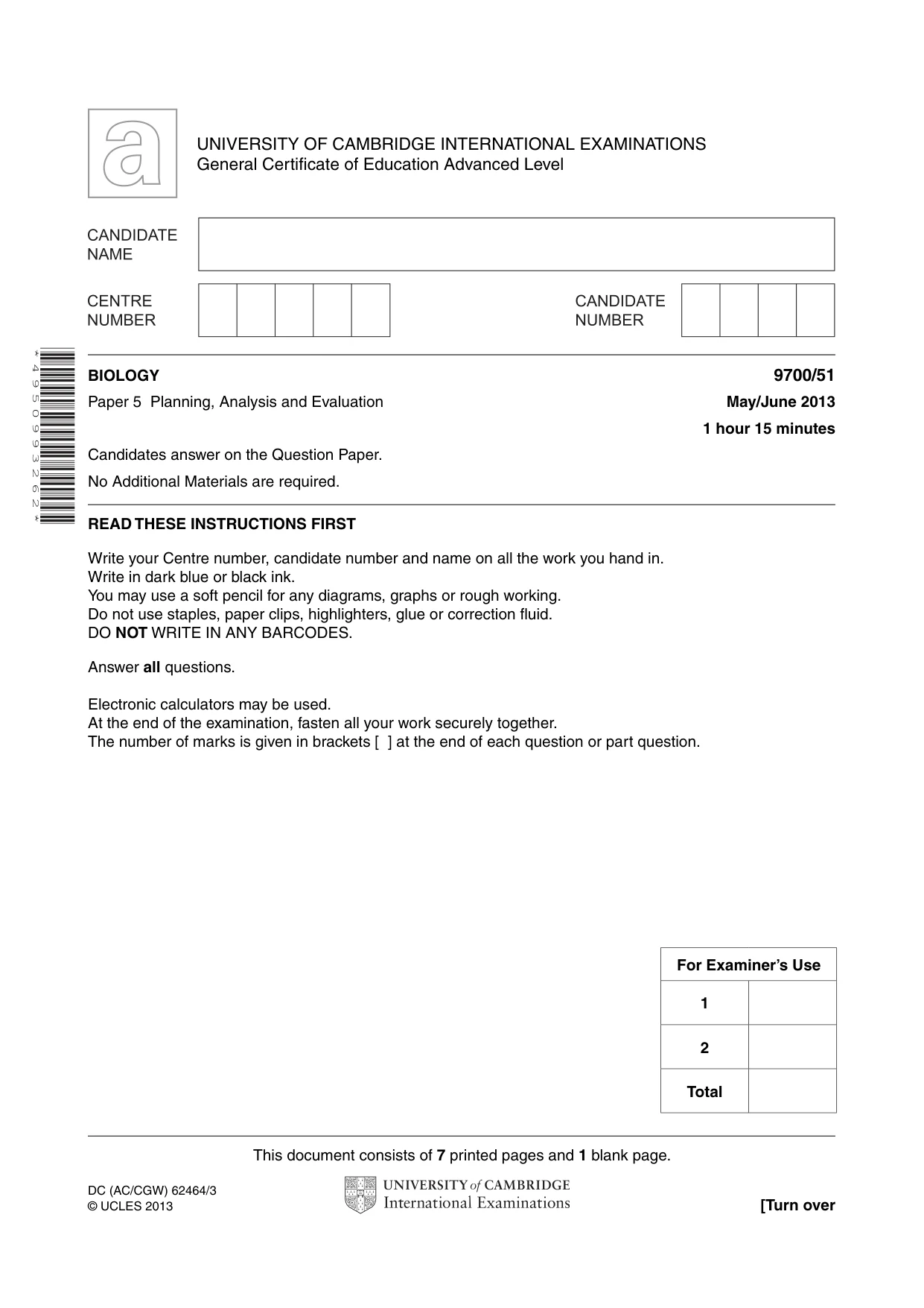 Cambridge A Level Biology 9700 2013 May/June Paper 5 · Variant 1 question paper, page 1 of 8