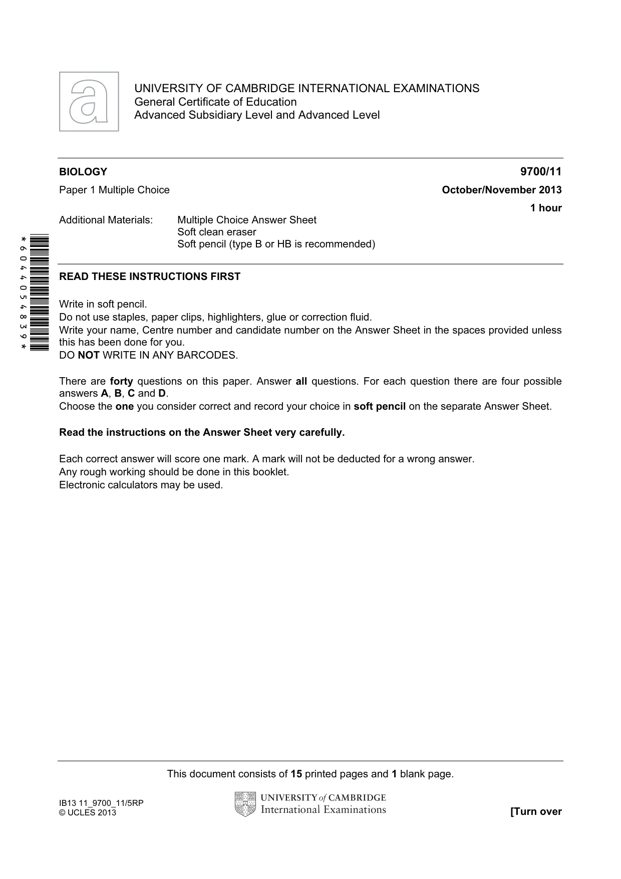 Cambridge A Level Biology 9700 2013 Oct/Nov Paper 1 · Variant 1 question paper, page 1 of 16