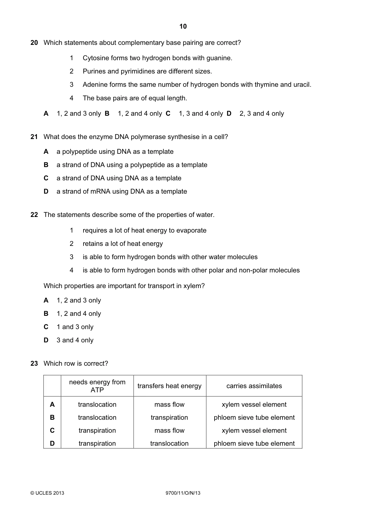 Cambridge A Level Biology 9700 2013 Oct/Nov Paper 1 · Variant 1 question paper, page 10 of 16