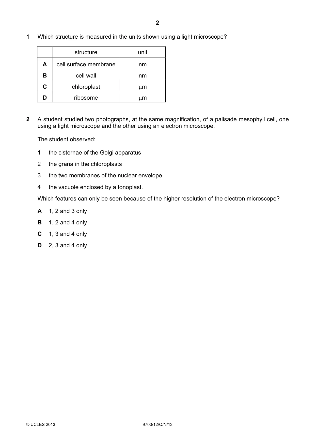 Cambridge A Level Biology 9700 2013 Oct/Nov Paper 1 · Variant 2 question paper, page 2 of 16