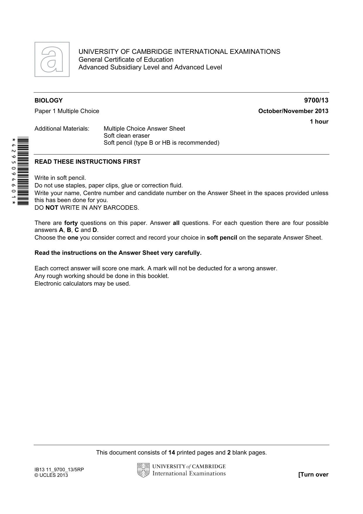 Cambridge A Level Biology 9700 2013 Oct/Nov Paper 1 · Variant 3 question paper, page 1 of 16