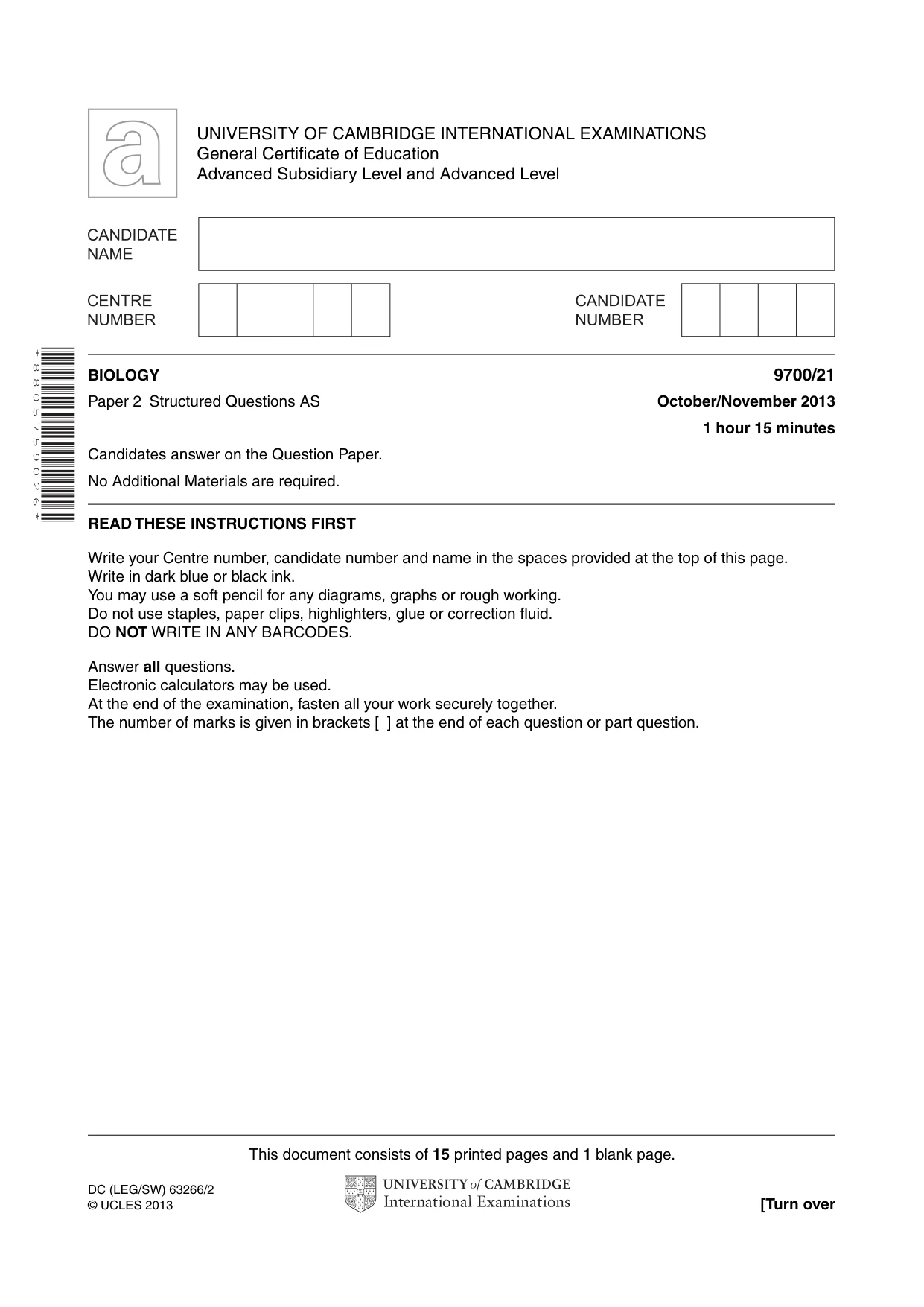 Cambridge A Level Biology 9700 2013 Oct/Nov Paper 2 · Variant 1 question paper, page 1 of 16